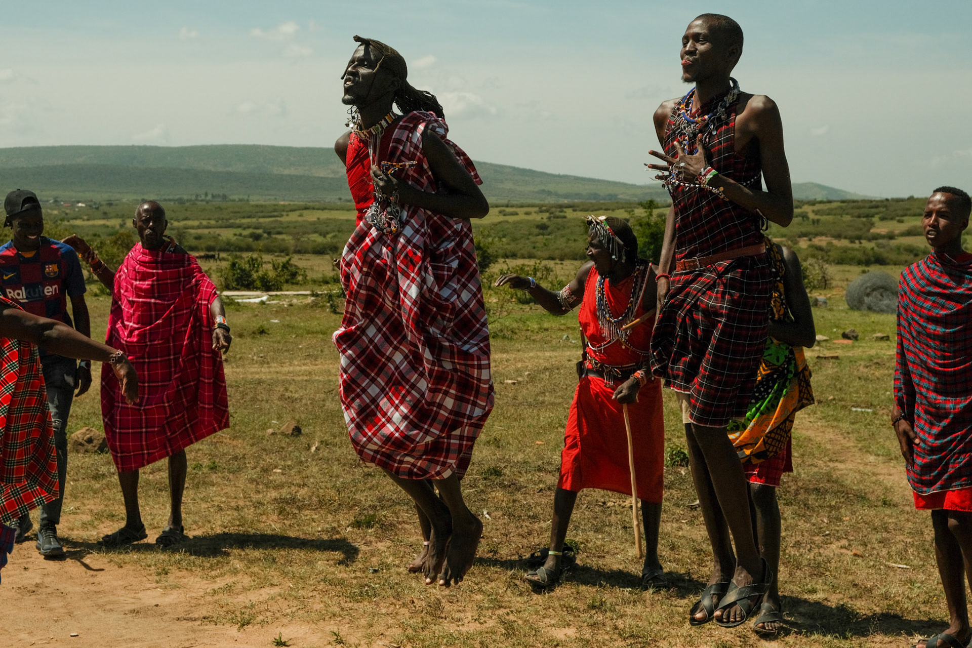Maasai men performing a traditional jumping contest