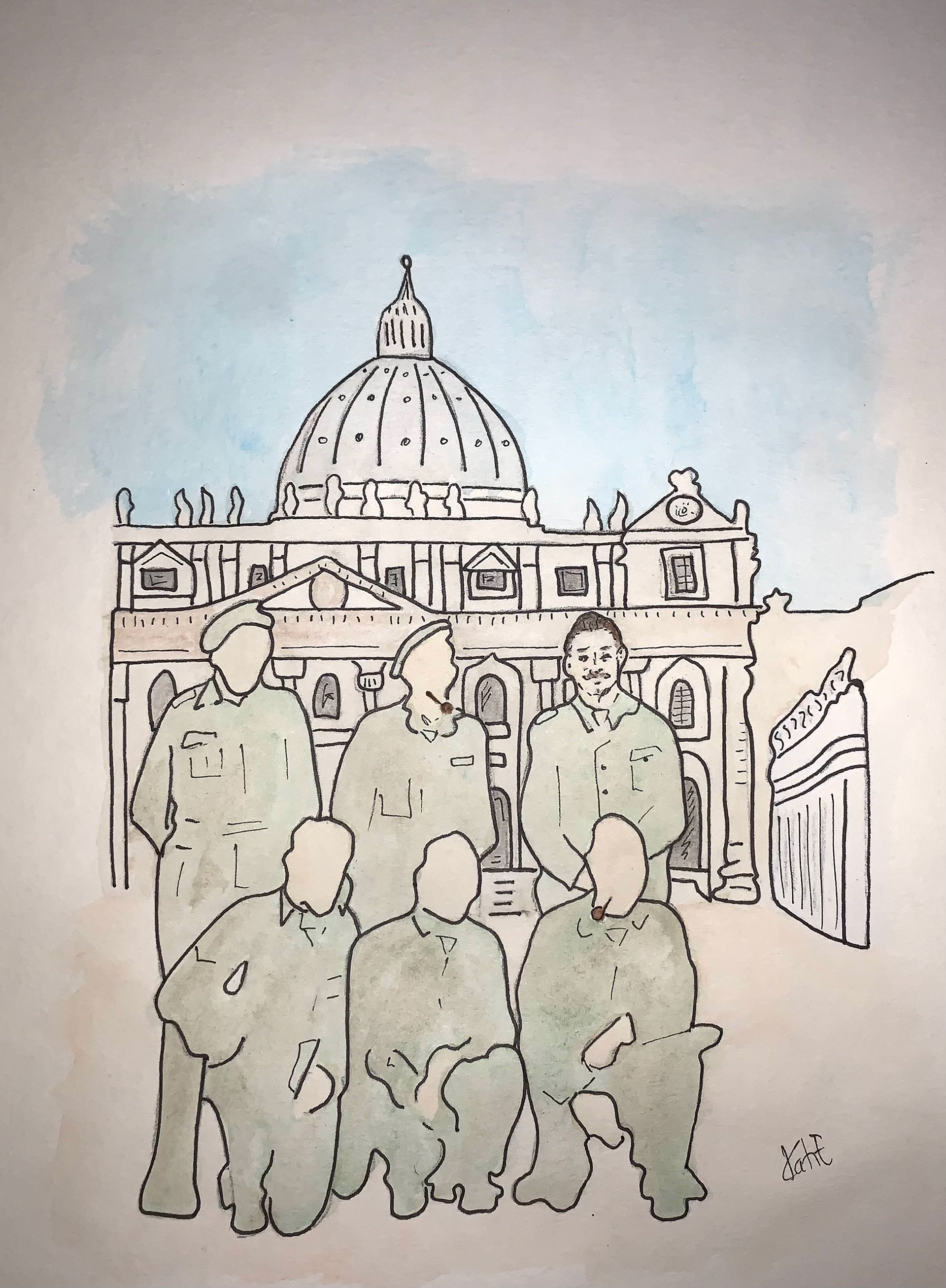 This painting of British soldiers in front of St Peter's in Rome, is based on an original photograph taken in December 1944. My Grandfather is the soldier top right, aged 23. I did this painting for my Mum.
