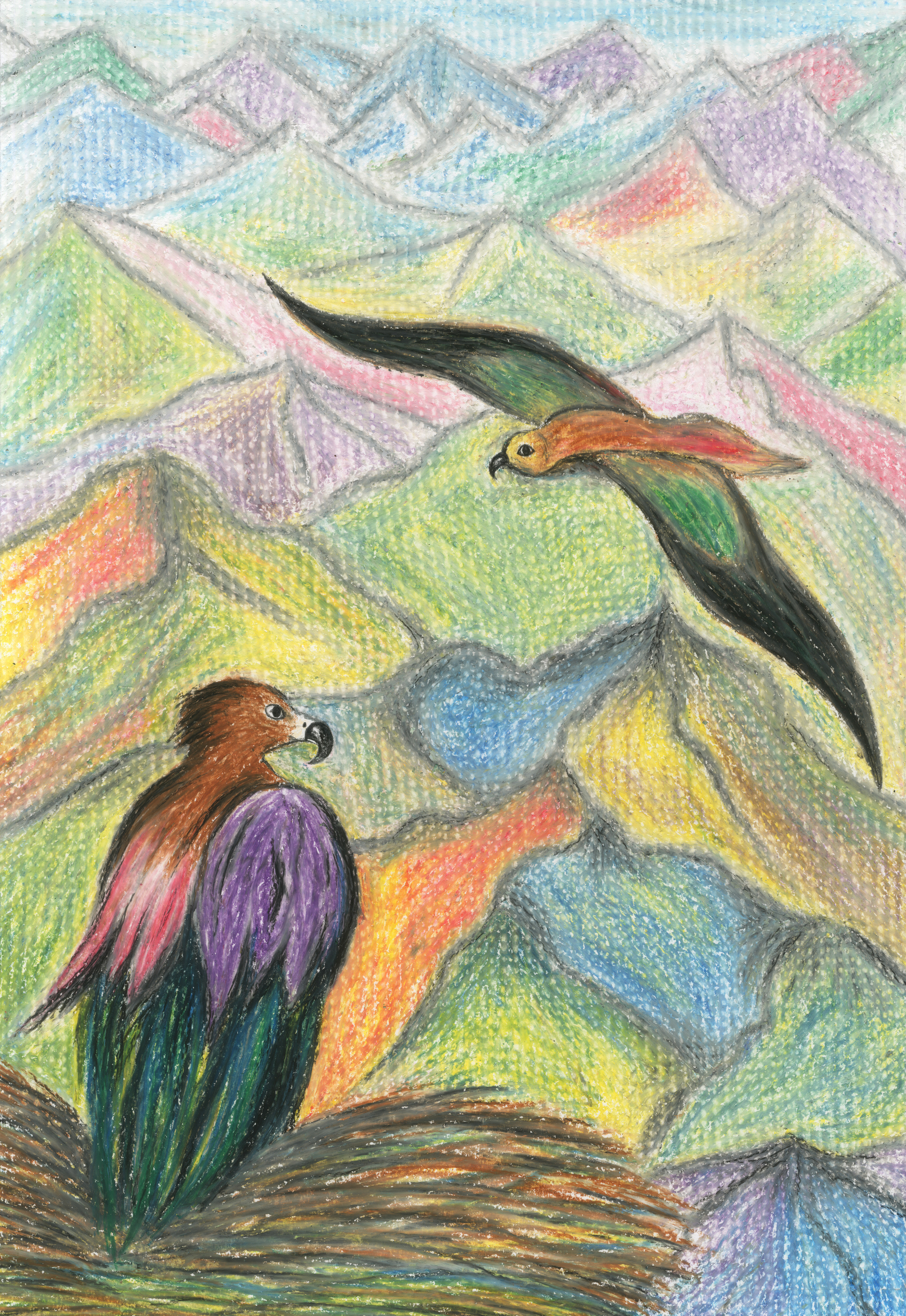 «A mountain hike» 3/3 | oil pastels on different textures | 2023