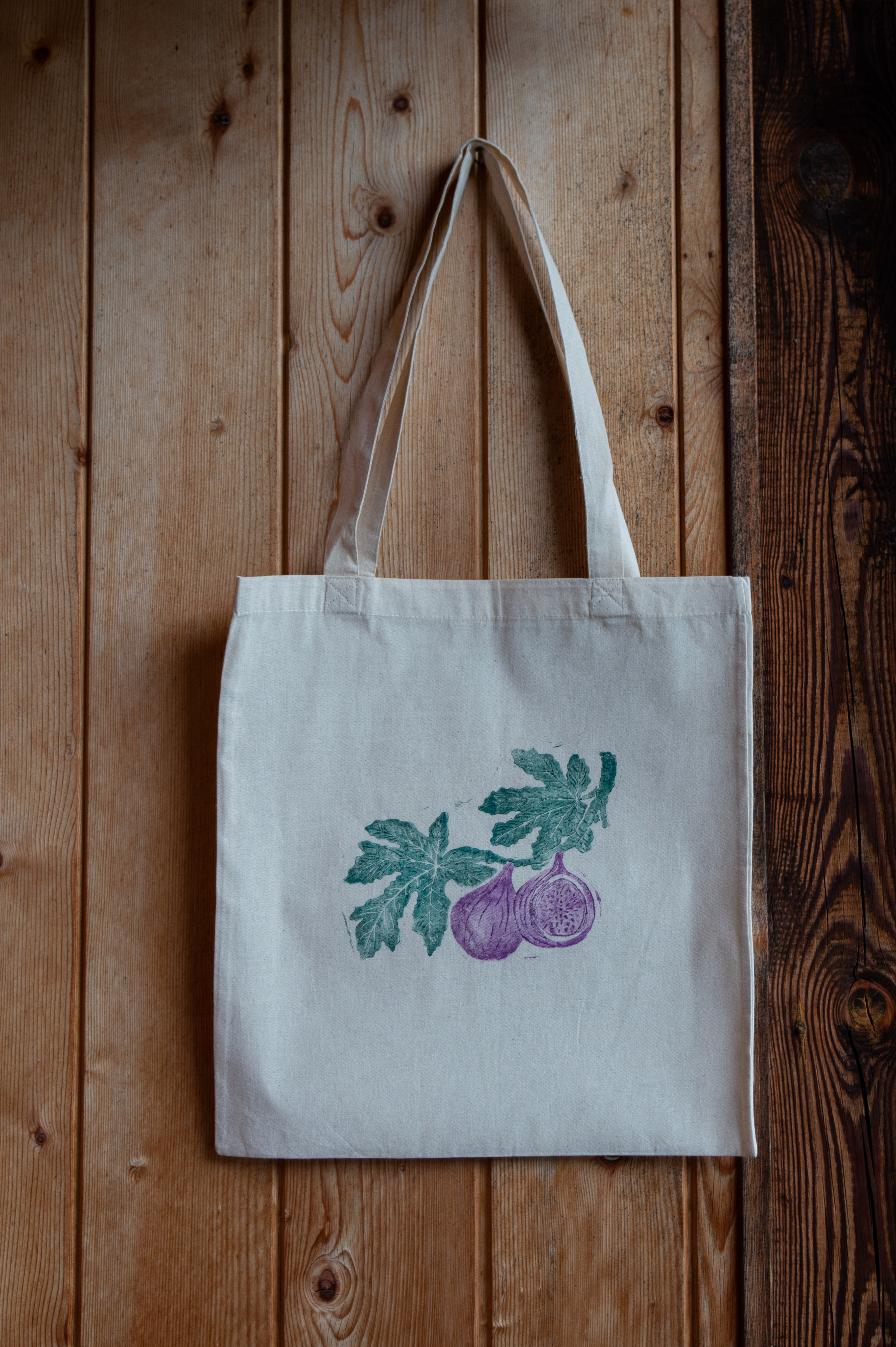 two-colour linoprint on a tote bag