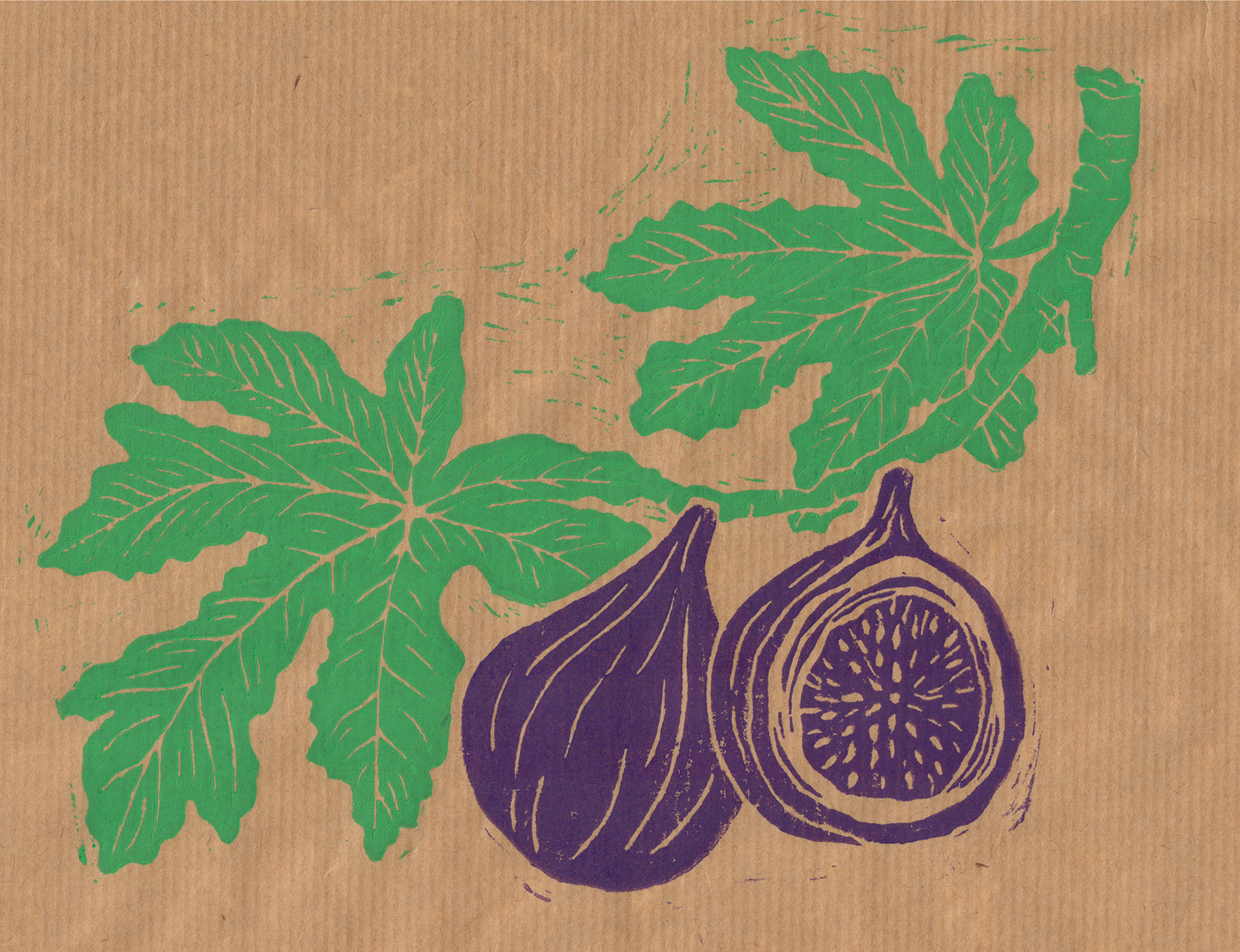 two-colour linoprint on brown paper