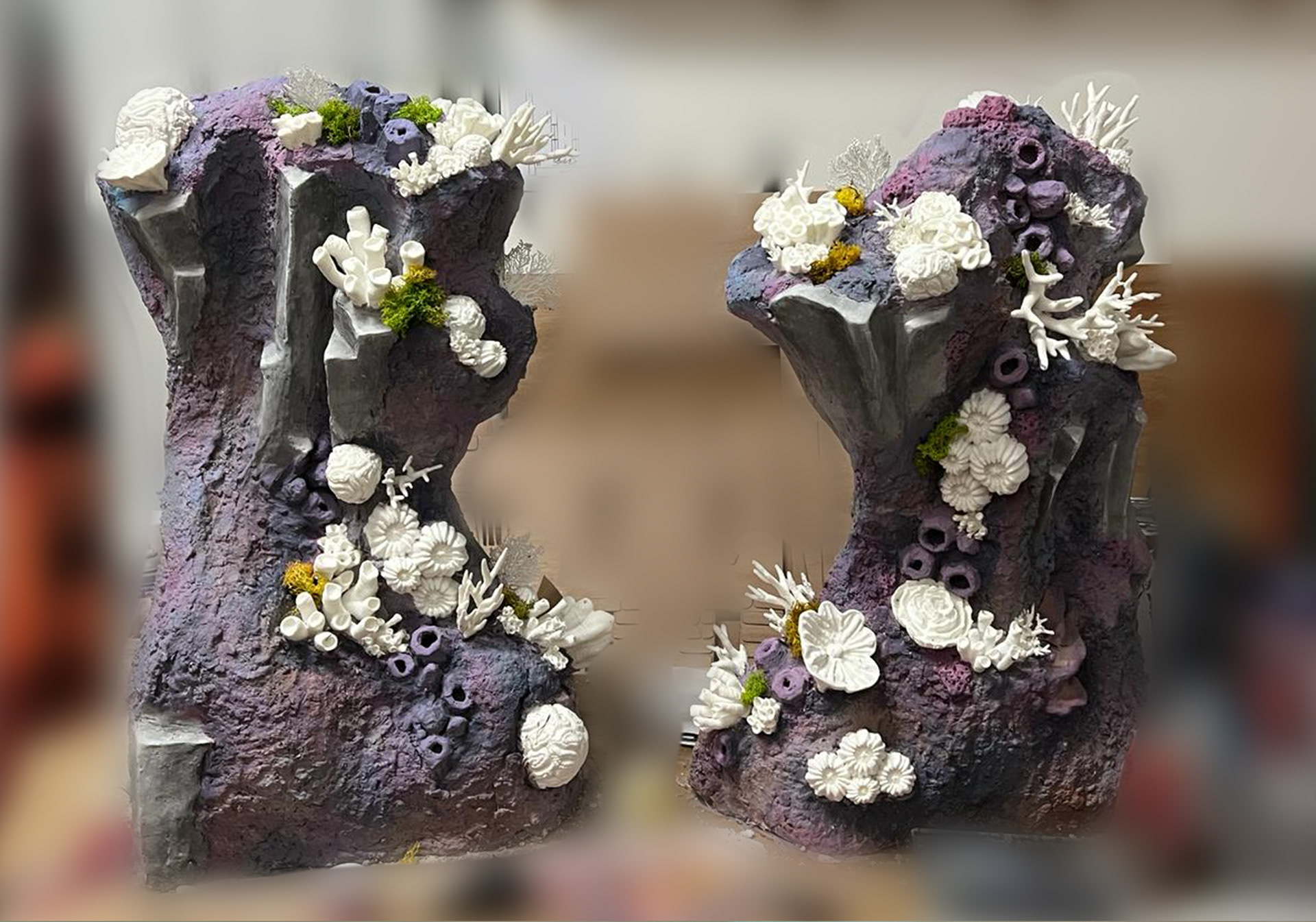 3D printing advice given for hollow printing for lighting and experimental modes such as fuzzy skin for other textures. Photos/artwork by Sanna Booth and One 6th
