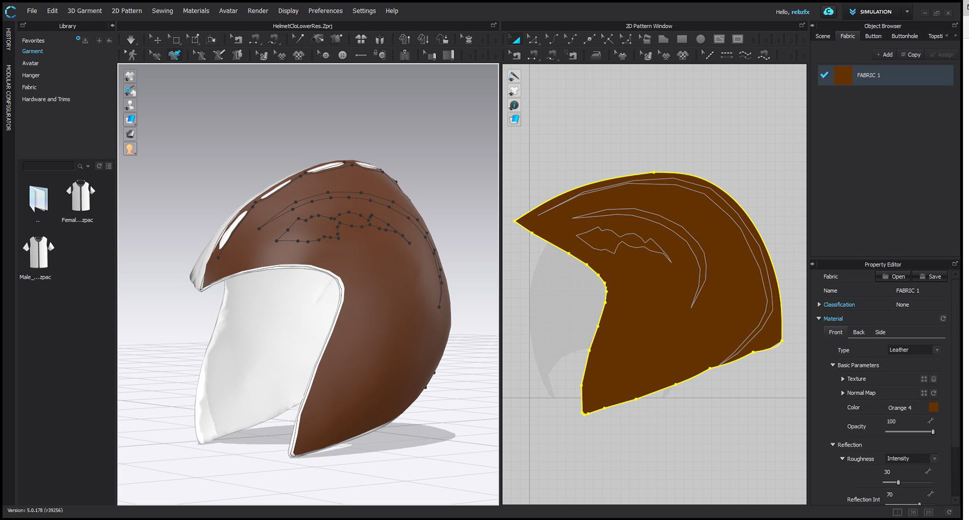 Helmet flat pattern created using Clo3D to make out of leather