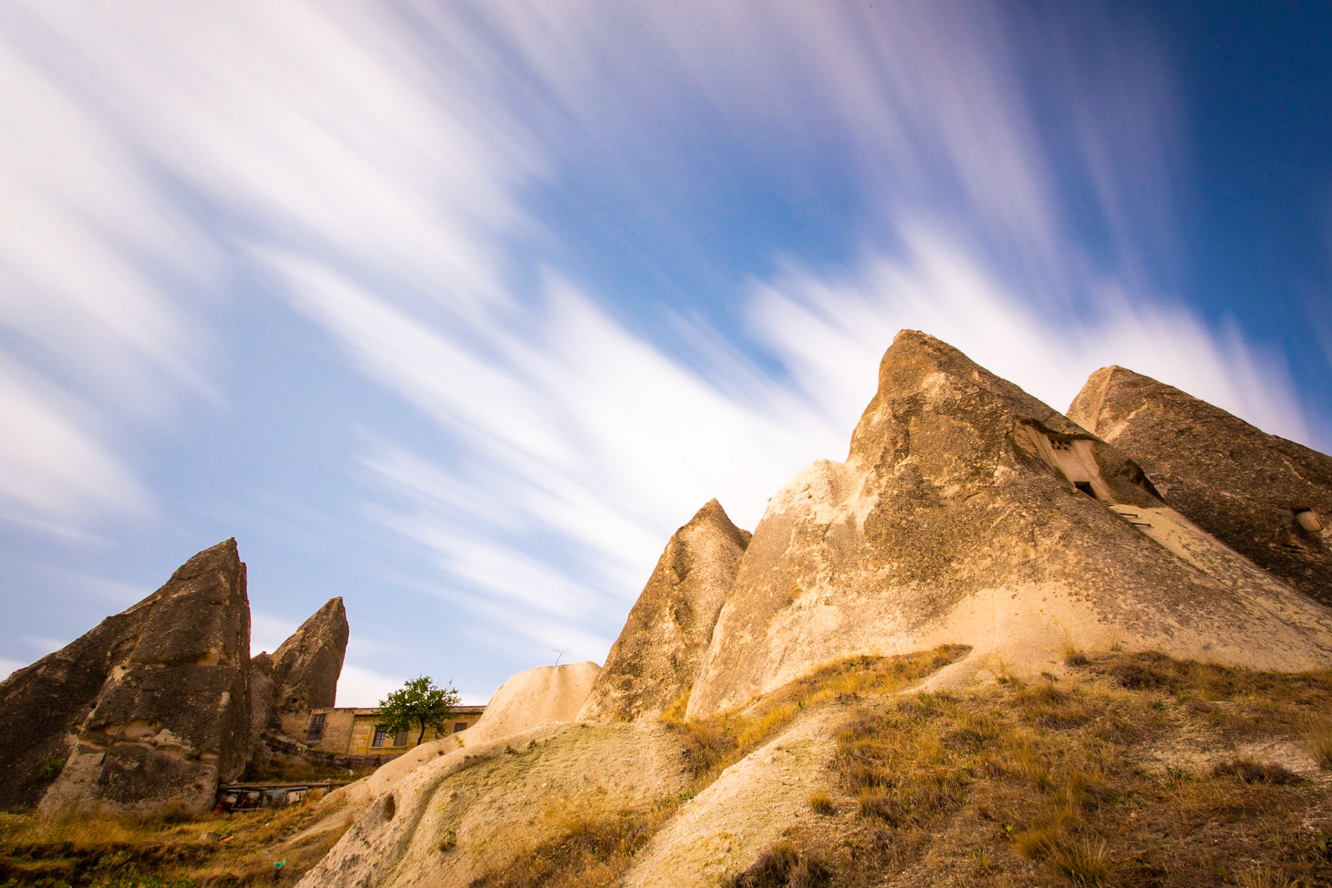 long exposure of cave homes. Cappadocia, Turkey