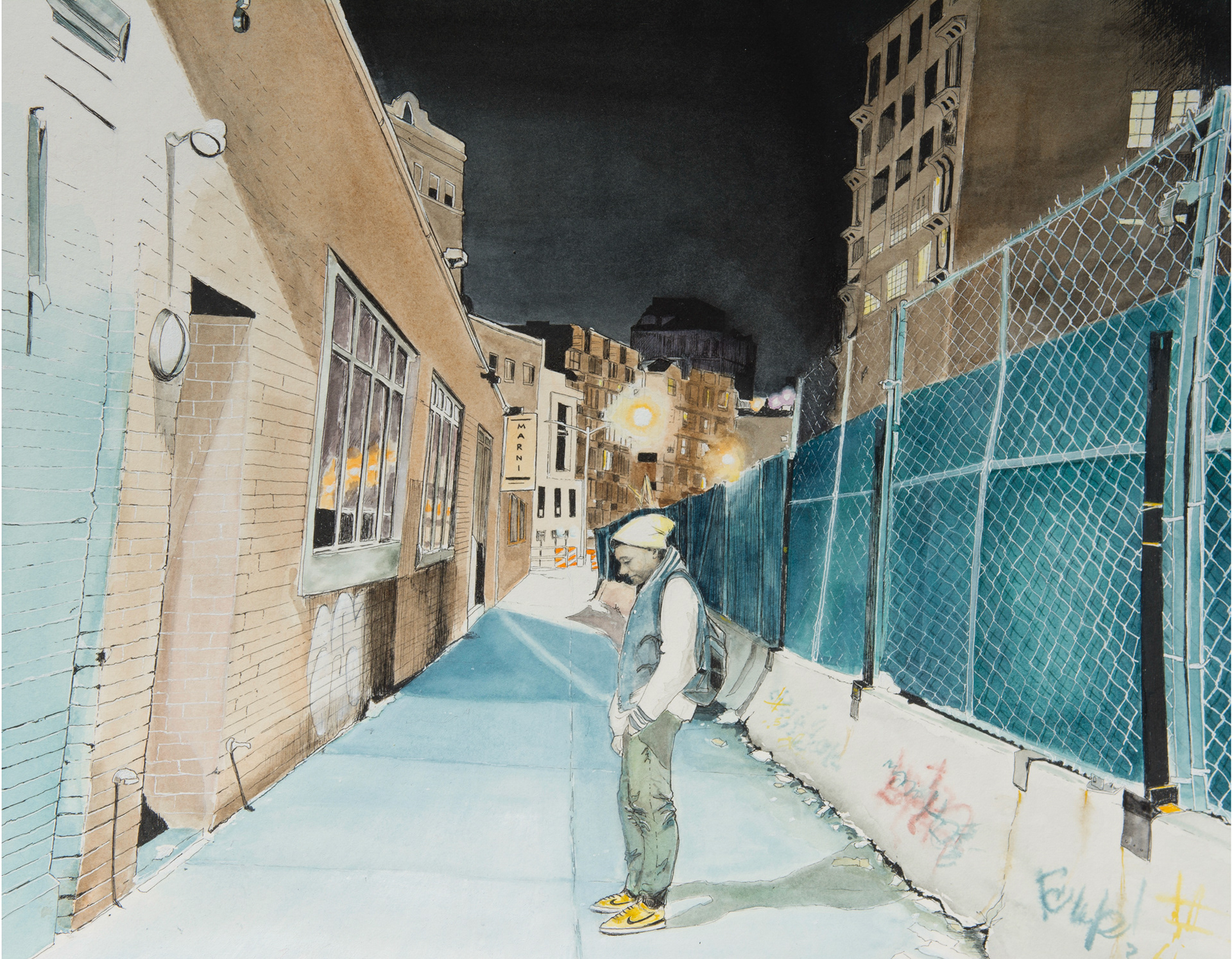“Matthew at 14th & 8th”  Watercolor, Pen & Ink, 20” x 14” 2015