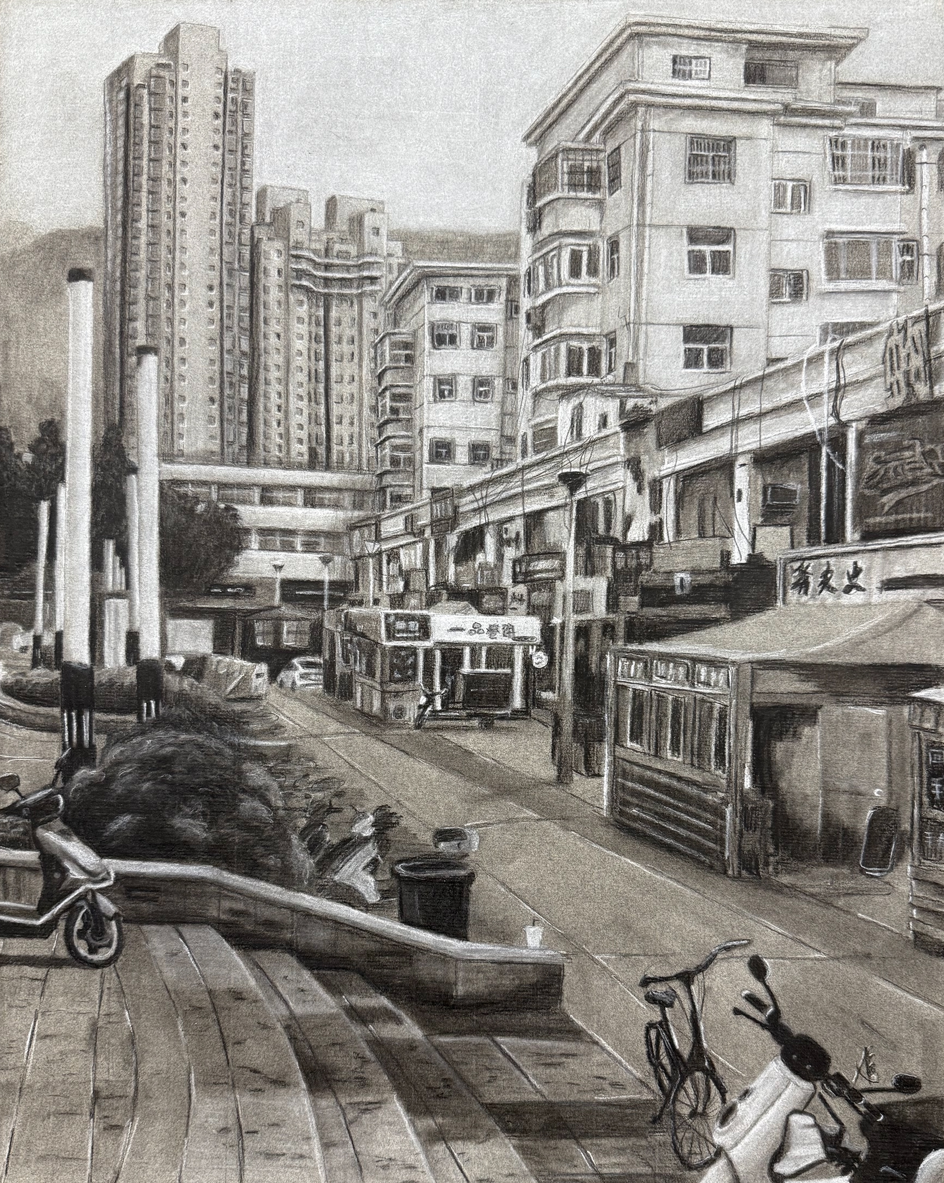 🖼 Drawing II — “Viewpoint” 🎨 Charcoal and pastel 🧠 Spatial studies using toned paper and layered charcoal techniques.