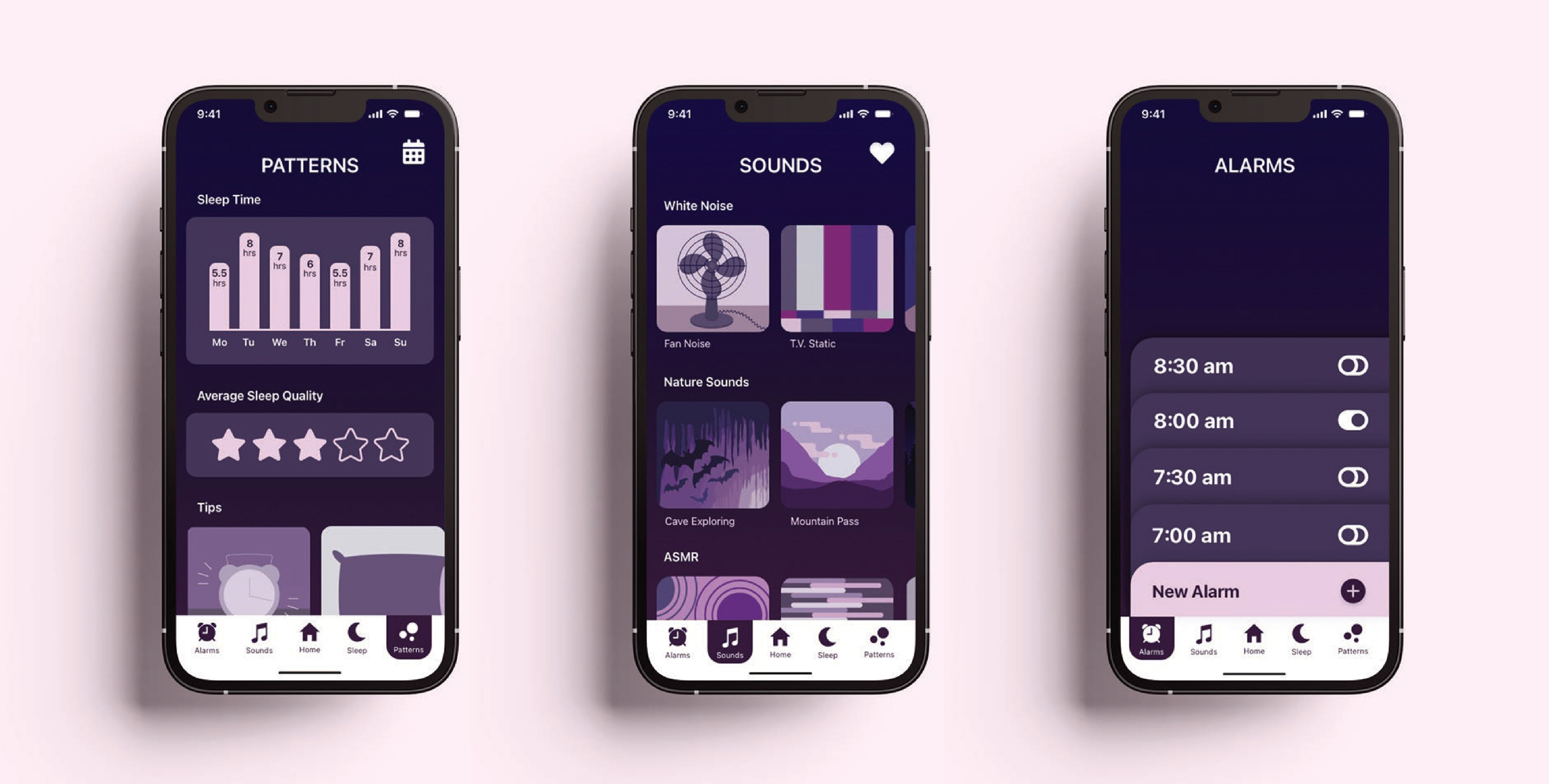 Patterns, Sounds, and Alarms screens