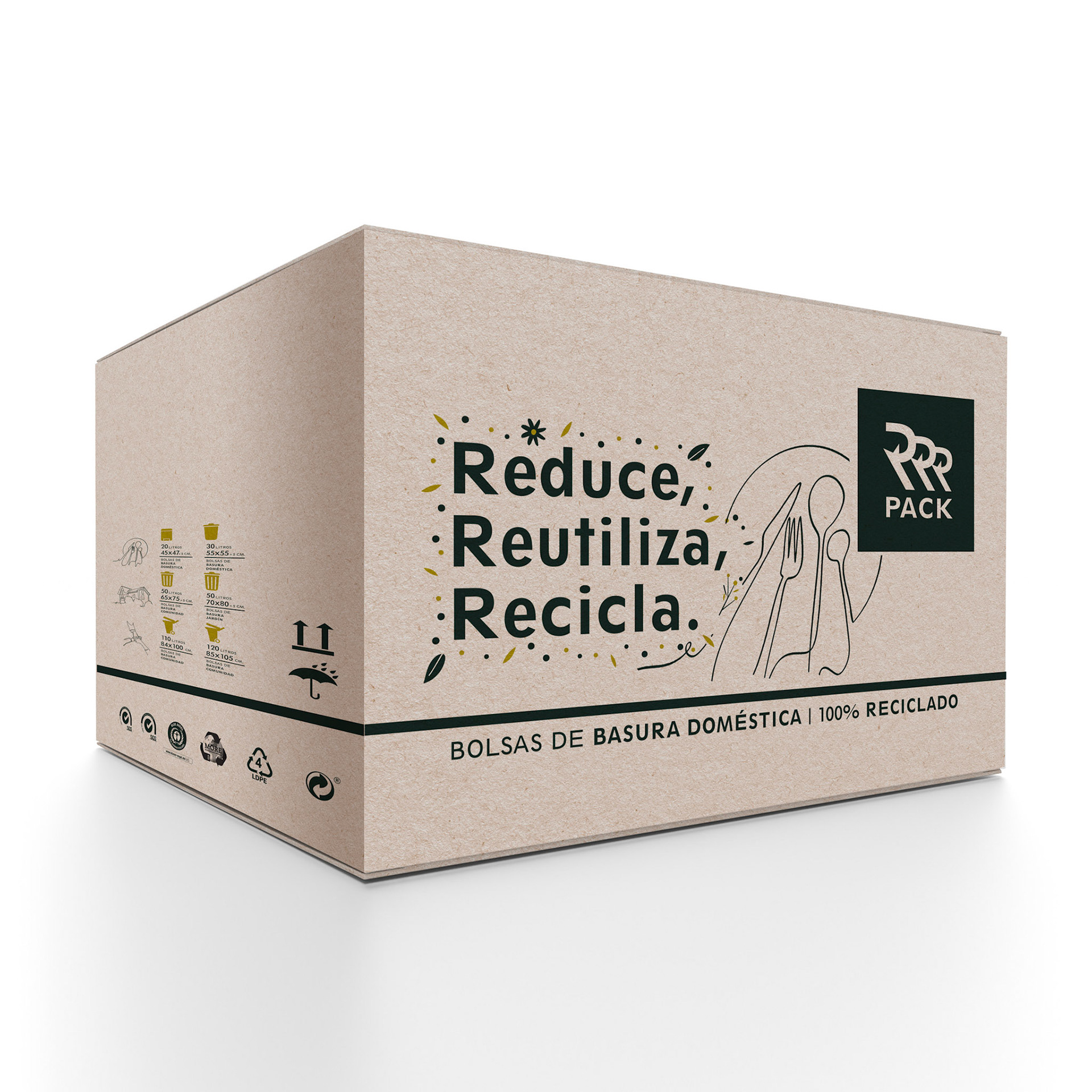 Diseño de caja contenedora de bolsas para supermercados y grandes superficies.