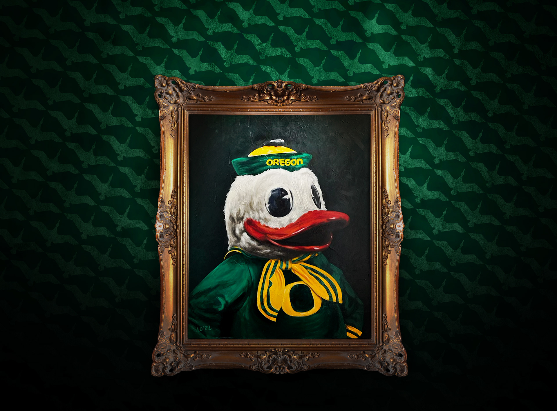Portrait of the Oregon Duck framed and handing on a velvet wall