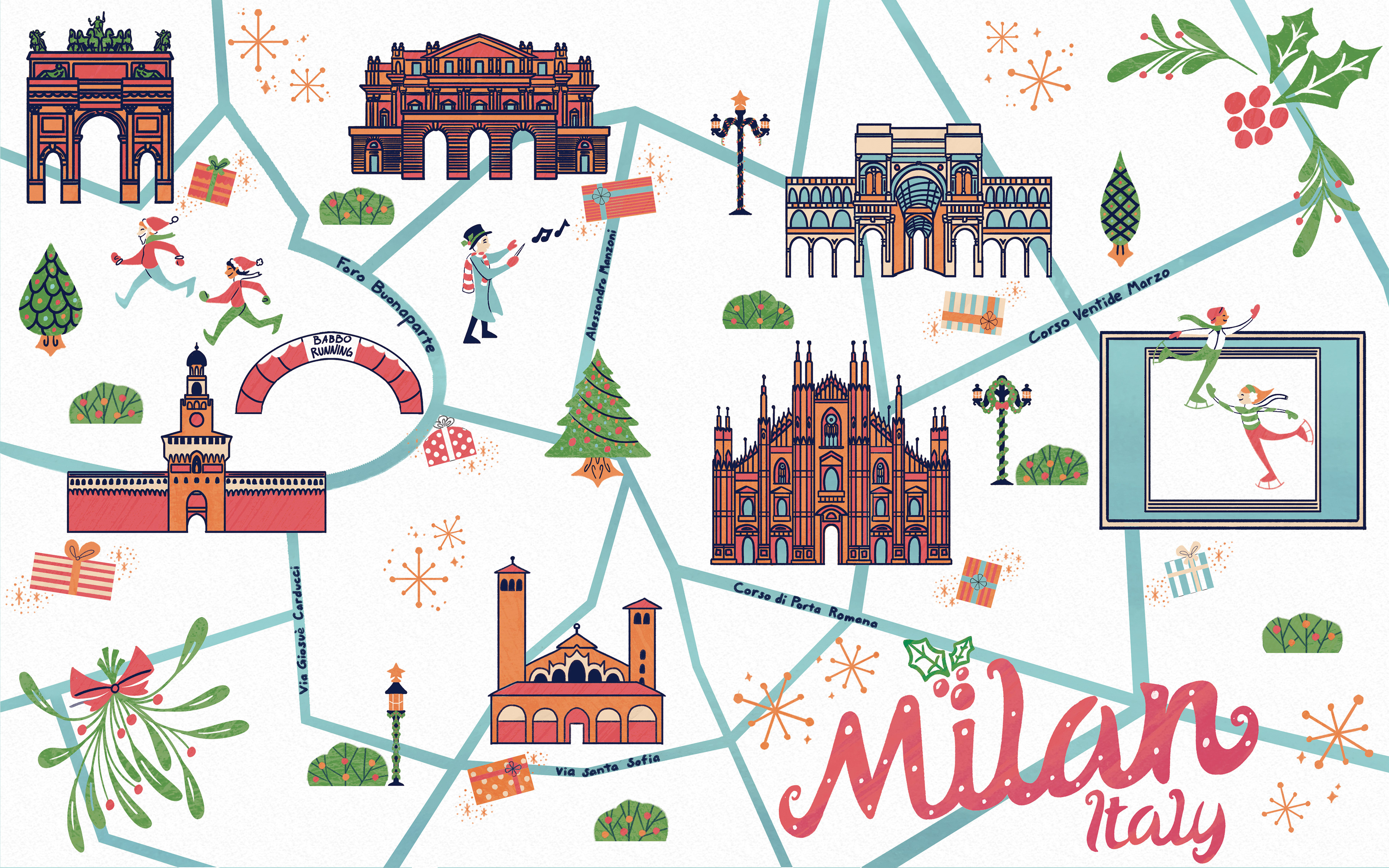 Map of Milan with holiday landmarks.