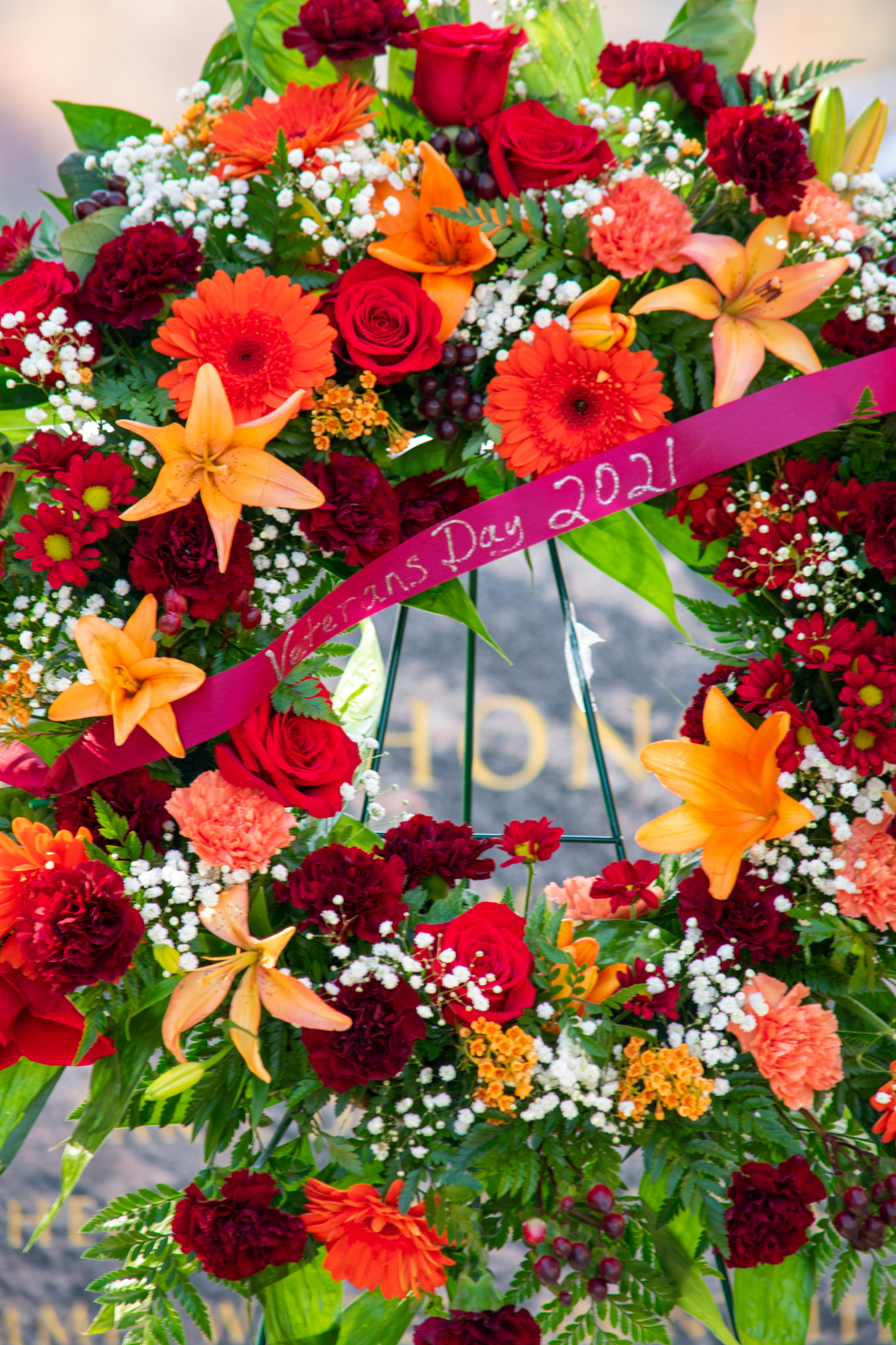 The 2021 memorial wreath placed at the Pylons during the Corps of Cadets' Veterans Day memorial service on November 11, 2021. The wreath was crafted and donated by the Department of Horticulture at Virginia Tech.