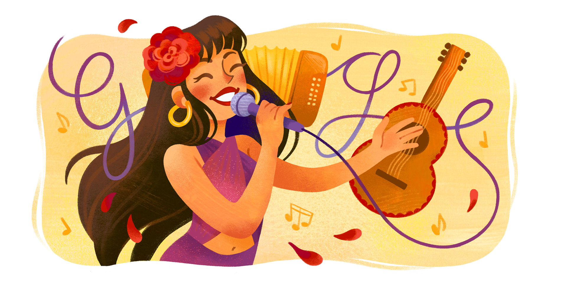 Google Doodle of Selena Quintanilla; Acryla gouache, Procreate, 2025