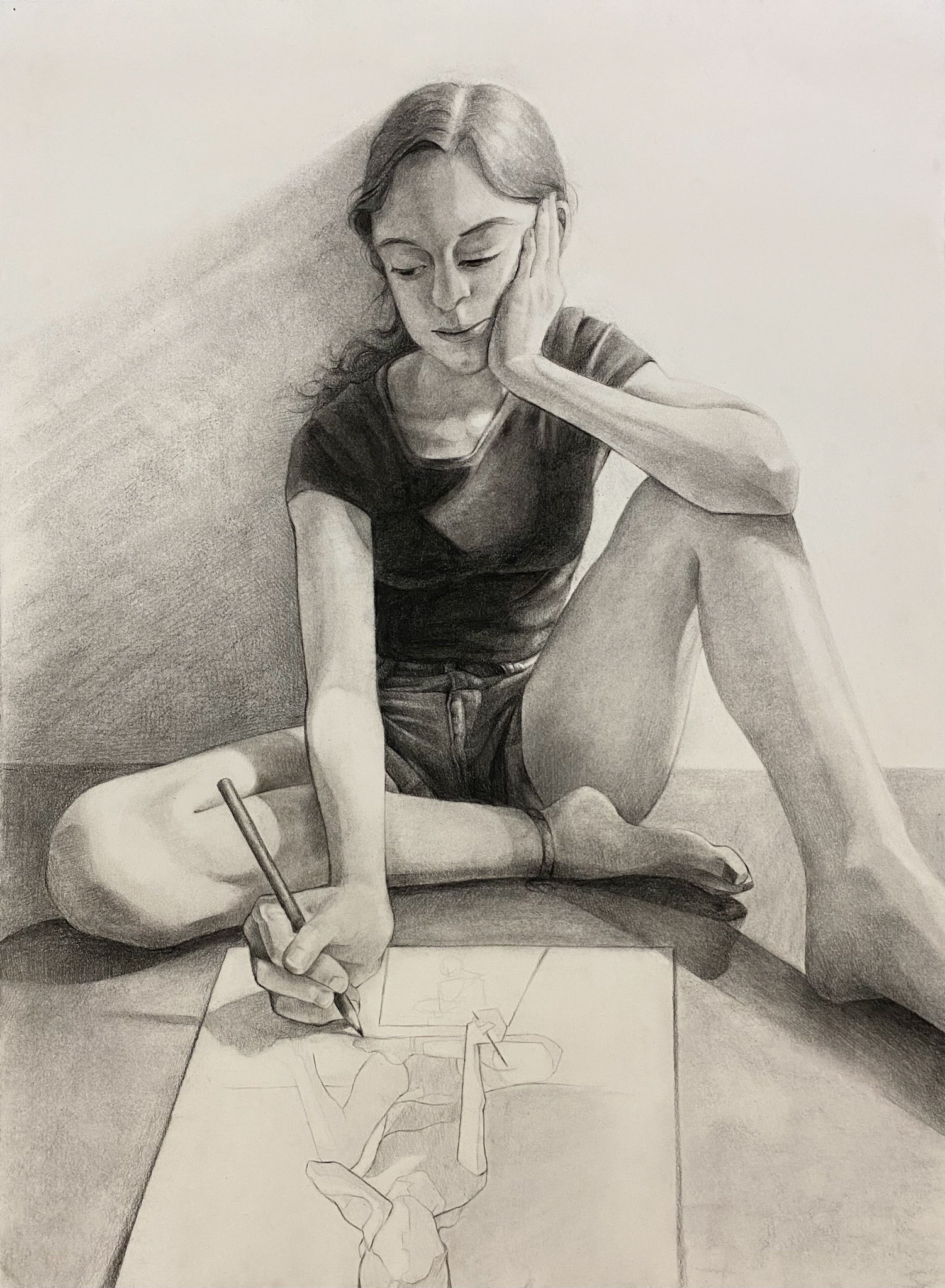 Self Portrait-ception; Charcoal, carbon pencil, 2022