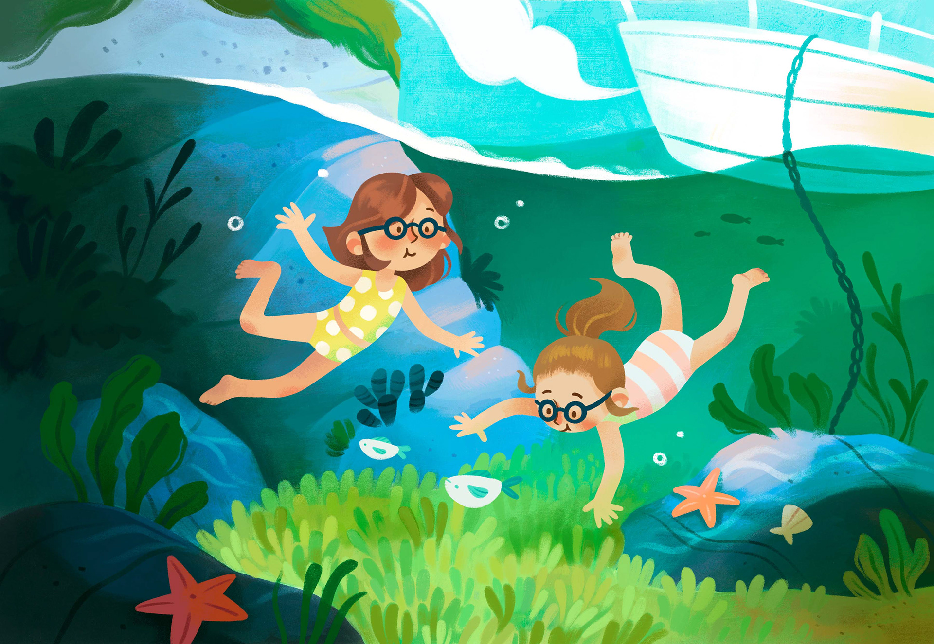 Ischia Island Swimming; Acryla gouache, Procreate, 2025