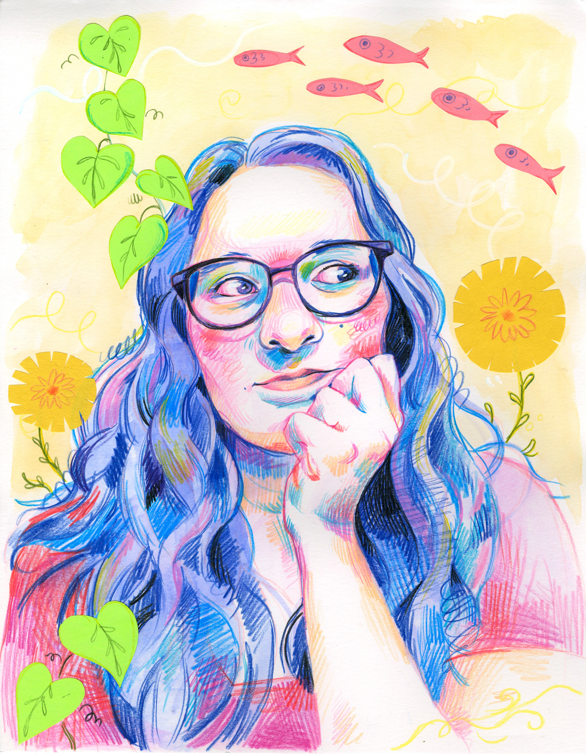 Self-Portrait; Acryla gouache, colored pencil, paper, 2024
