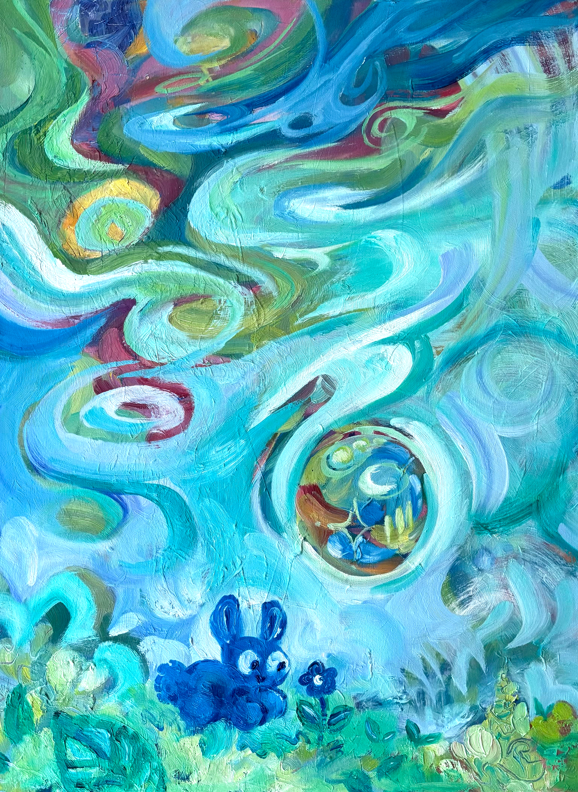 Blue Bunny Bubble, 2025, Oil Paint on Canvas