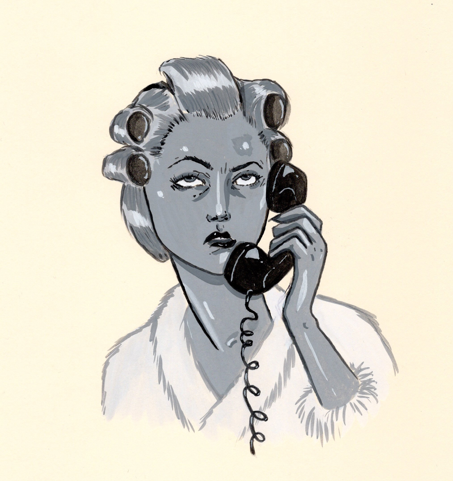Phone Girl 4 - Ink, Gouache