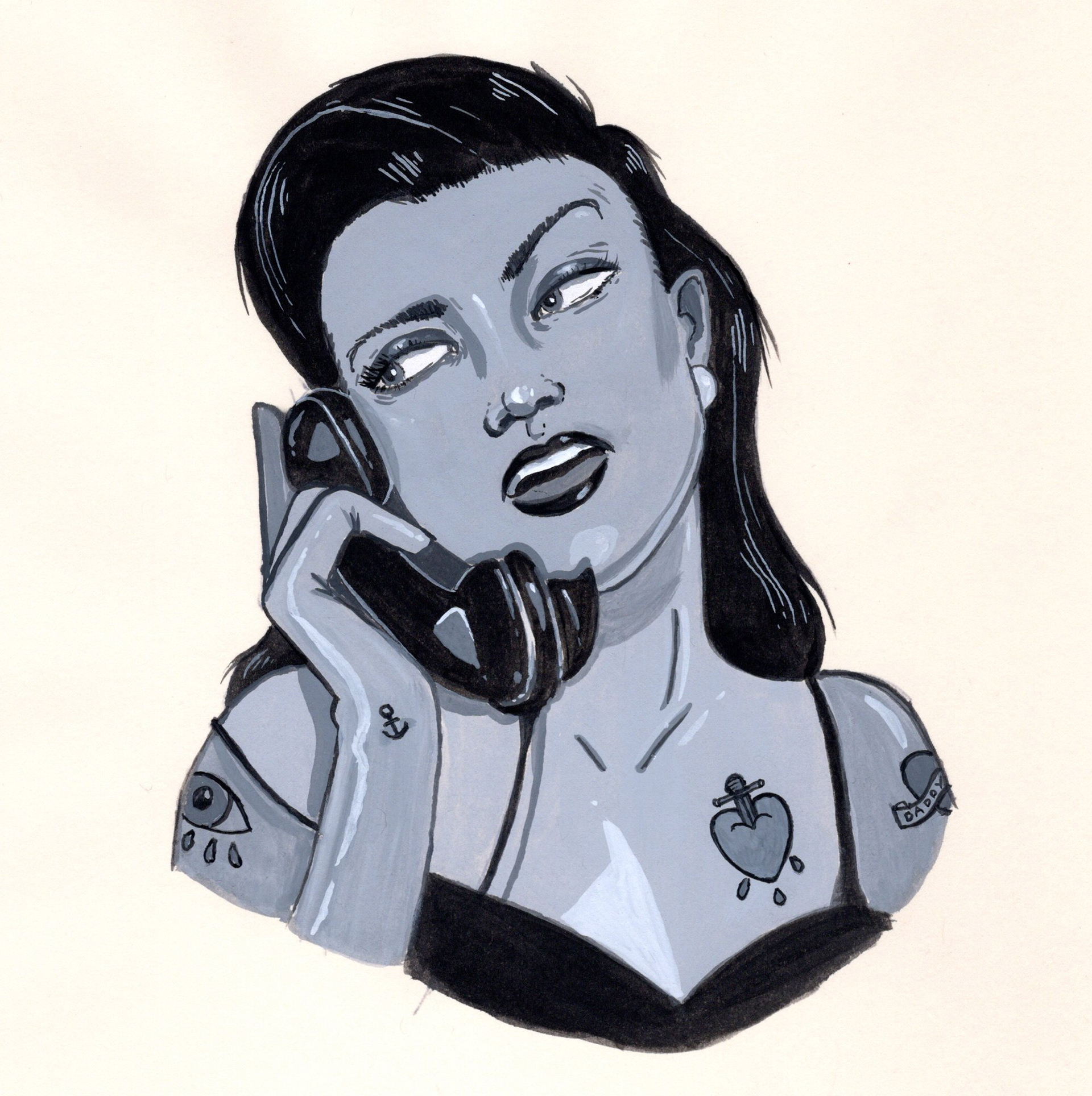 Phone Girl 1 - Ink, Gouache