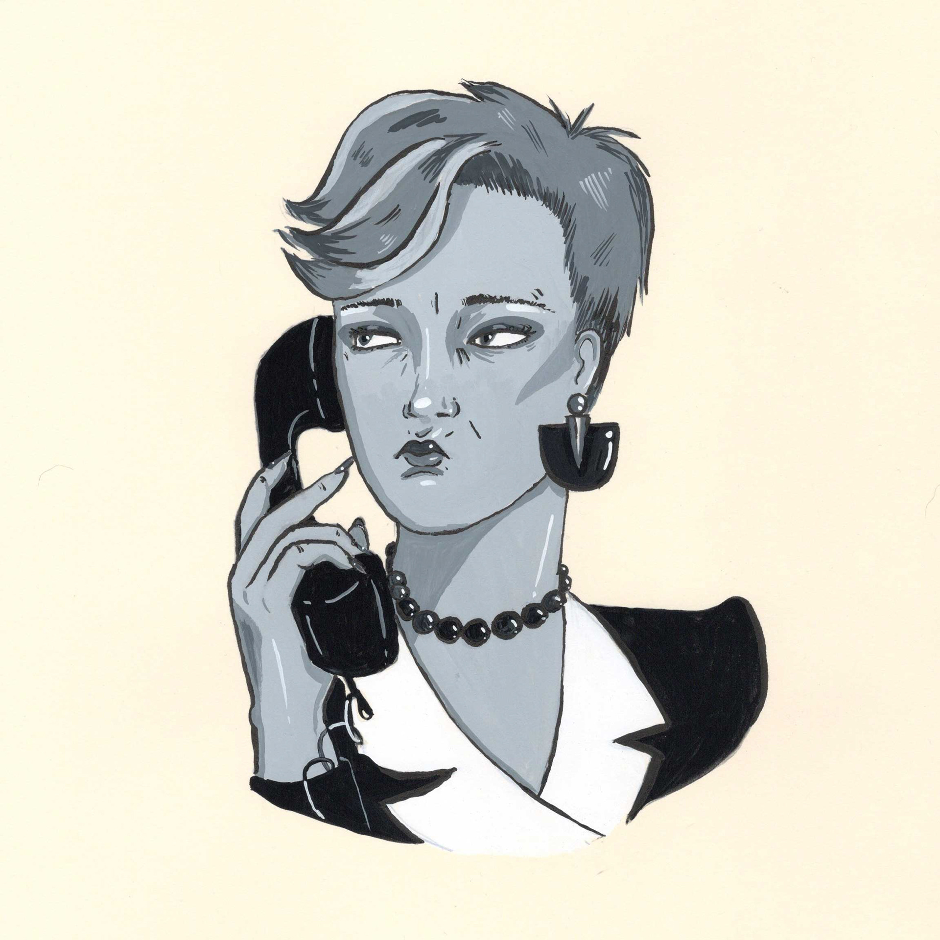 Phone Girl 3 - Ink, Gouache