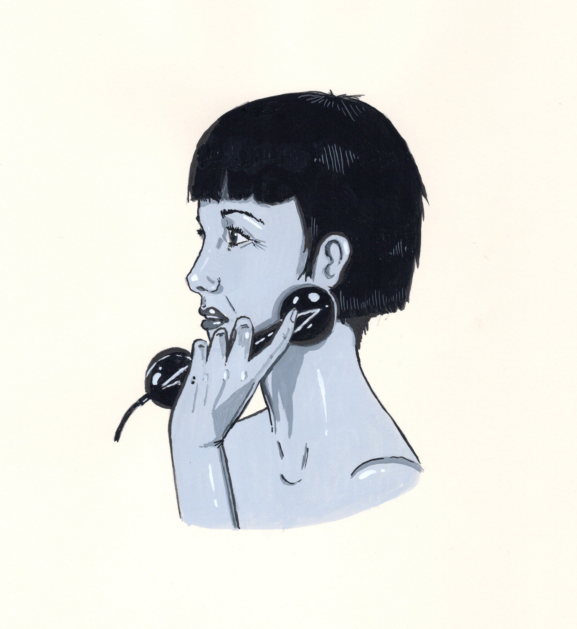 Phone Girl 2 - Ink, Gouache
