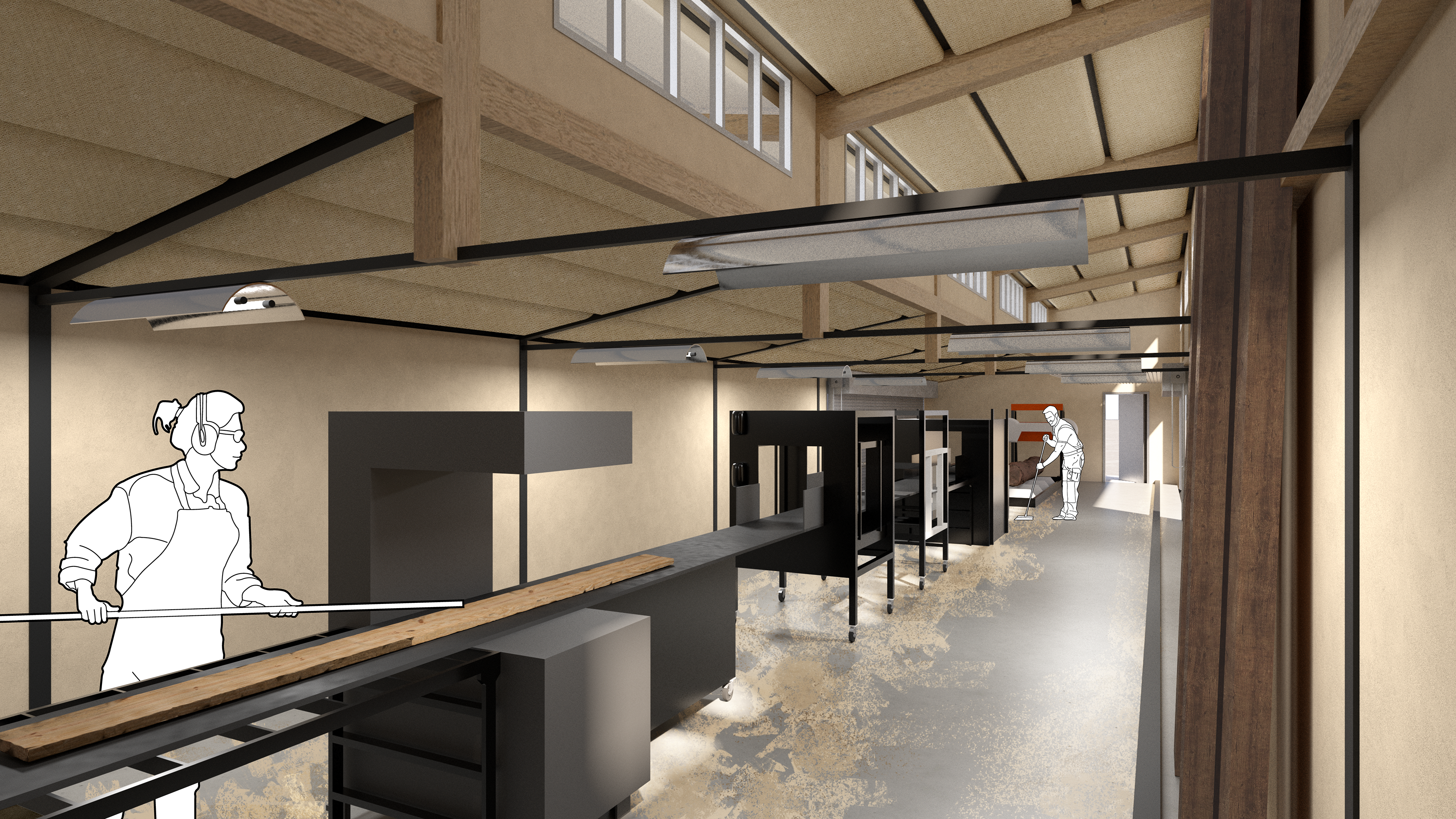 Sawhall interior. Grafted joint between old and new expressed.