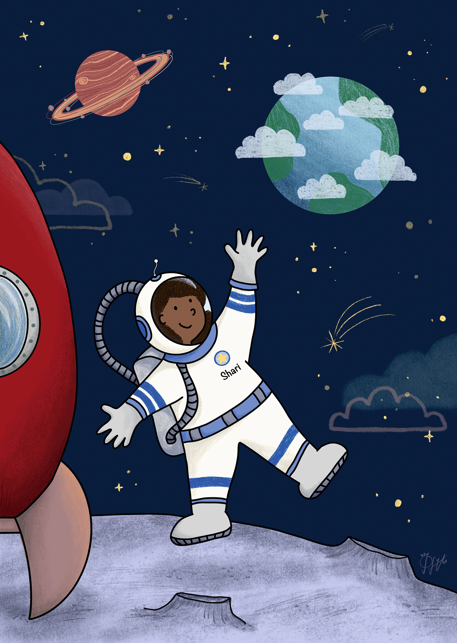 Eine Schwarze Astronautin steht neben ihrer roten Rakete auf dem Mond und winkt Richtung Erde. Im Hintergrund Sterne und Planeten.