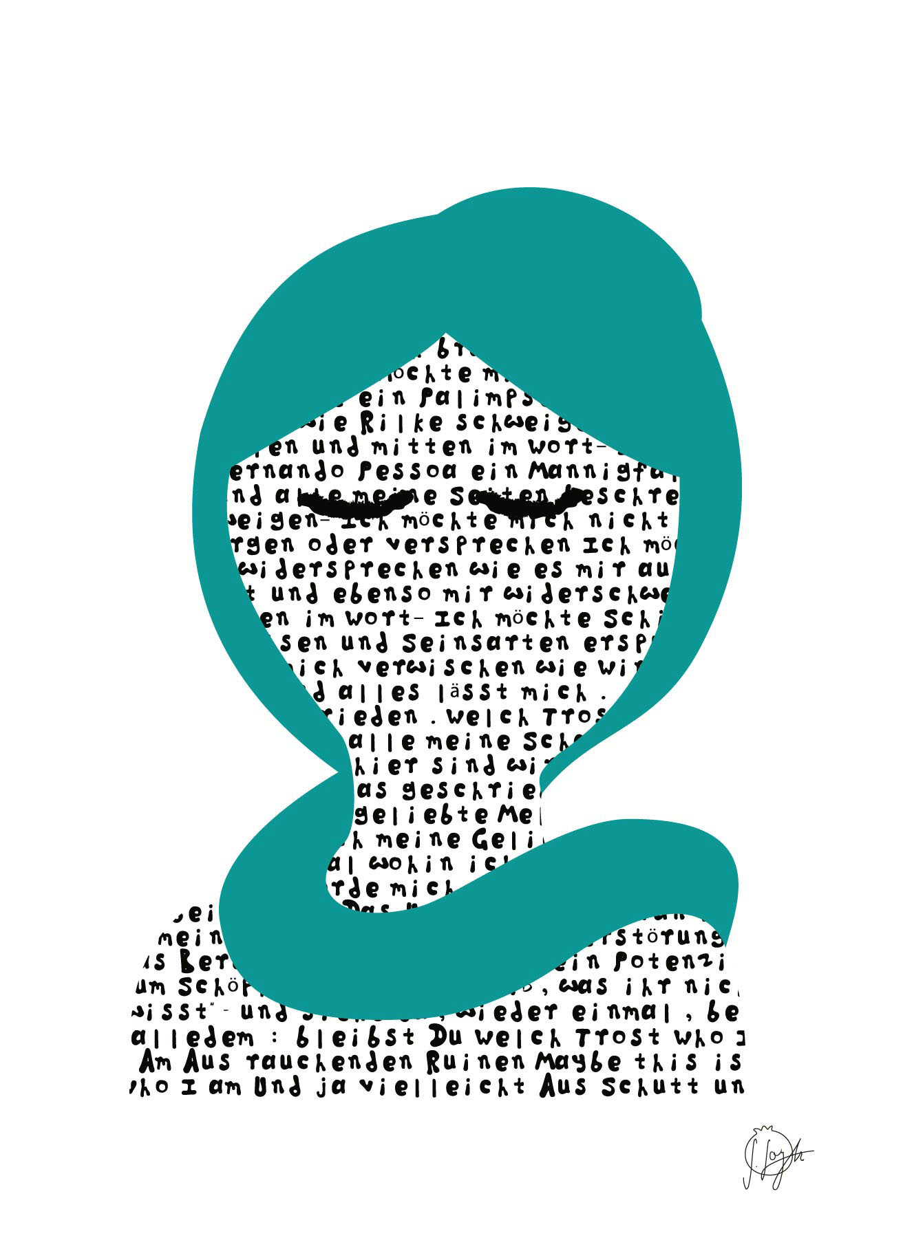 Portrait of a woman with a green scarf wrapped around her hea. She has her eyes closed. Her body is made of words in Gemran language, taken from poems.