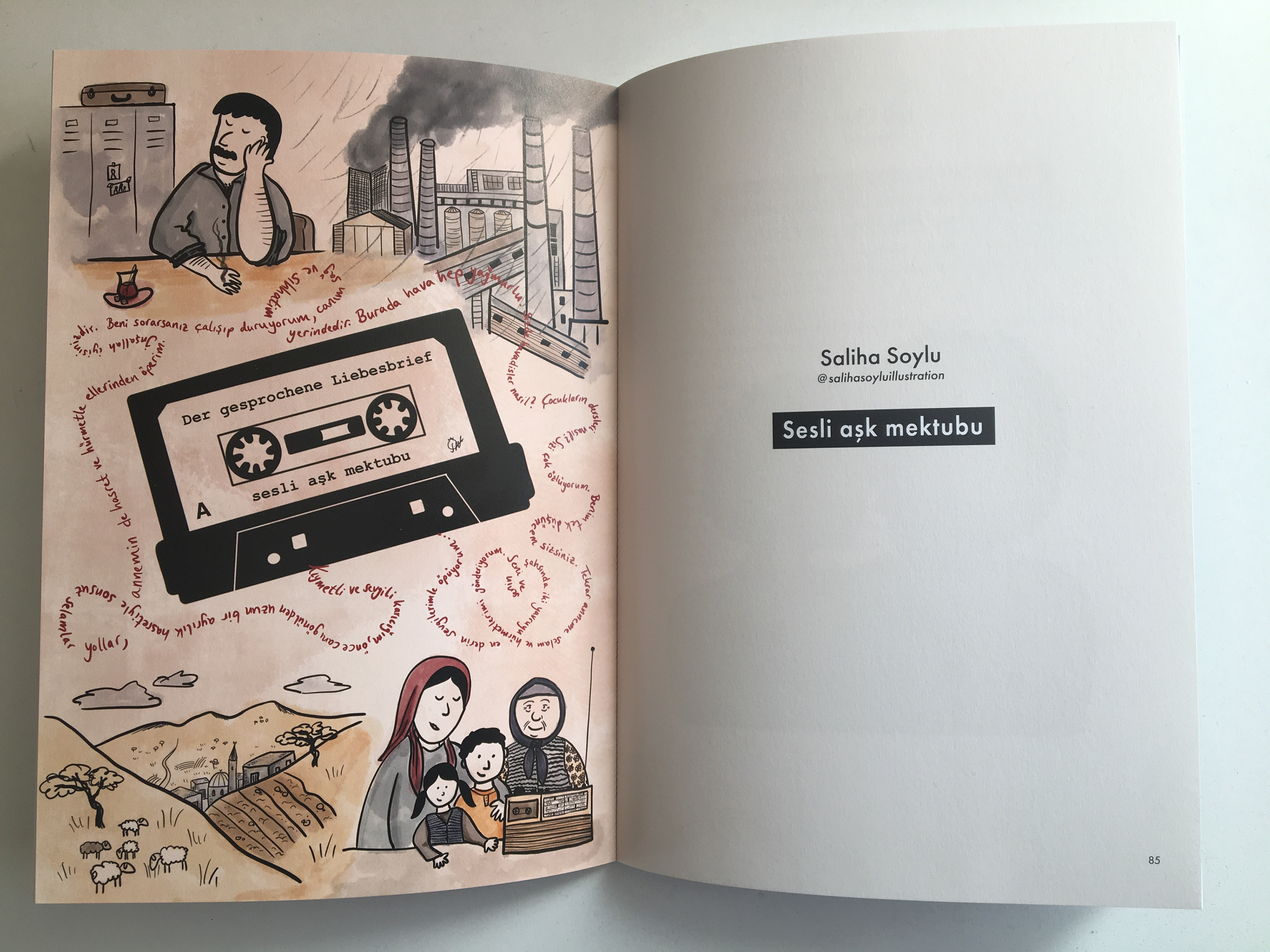 Aufgeschlagene Doppelseite mit der Illustration auf der linken und dem Titel und meine Namen auf der rechten Seite.