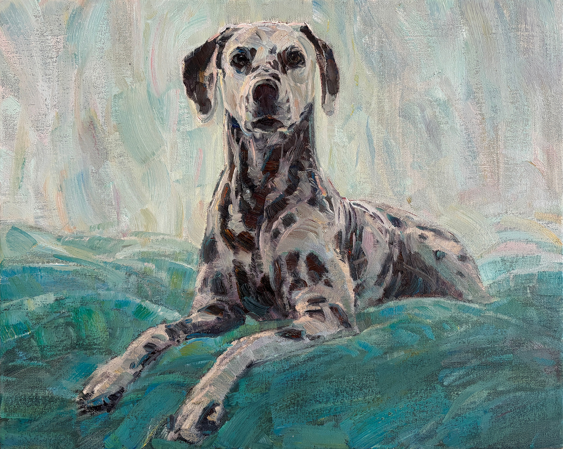 Oil painting of a Dalmatian lying on a teal blanket against a soft pale background, custom pet portrait