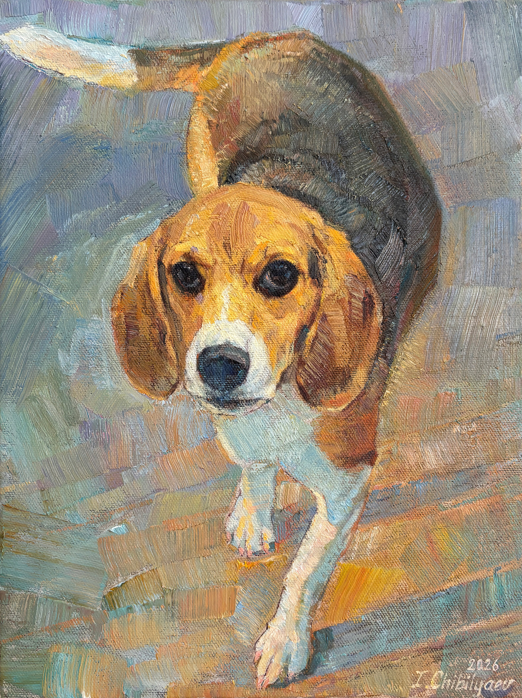 Oil painting of a beagle walking toward the viewer with a raised white-tipped tail, custom pet portrait