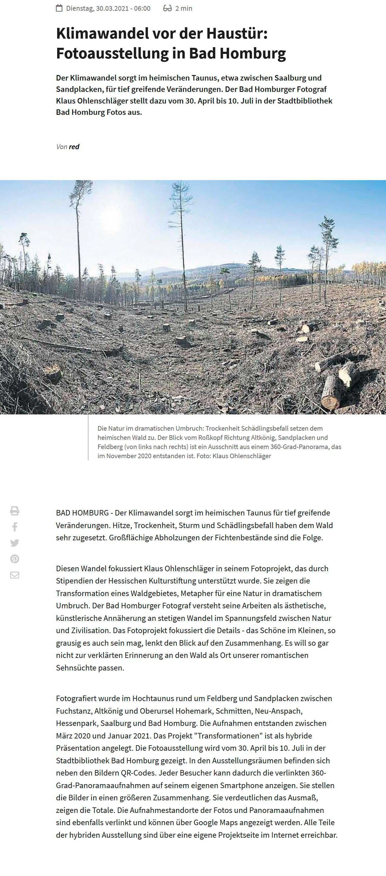 Artikel im Usinger Anzeiger über die Fotoausstellung "Transformationen" von Klaus Ohlenschläger