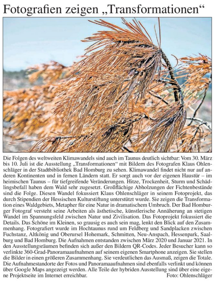 Artikel aus der Bad Homburger Woche vom 18.03.2021 über die Fotousstellung Transformationen