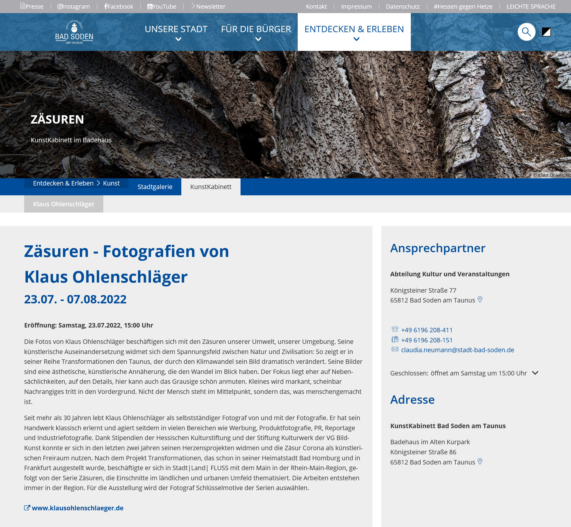 Informationen zur Ausstellung "Zäsuren" von Klaus Ohlenschläger im KunstKabinett der Stadtgalerie Bad Soden von 23.07. bis 07.08.22 auf der Homepage der Stadt Bad Soden