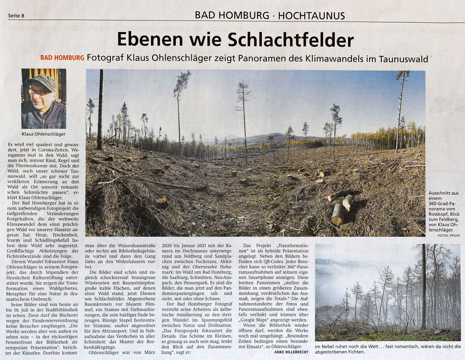 Artikel in der Taunus Zeitung vom 30.03.2021 über die Fotoausstellung Transformationen des Fotografen Klaus Ohlenschläger