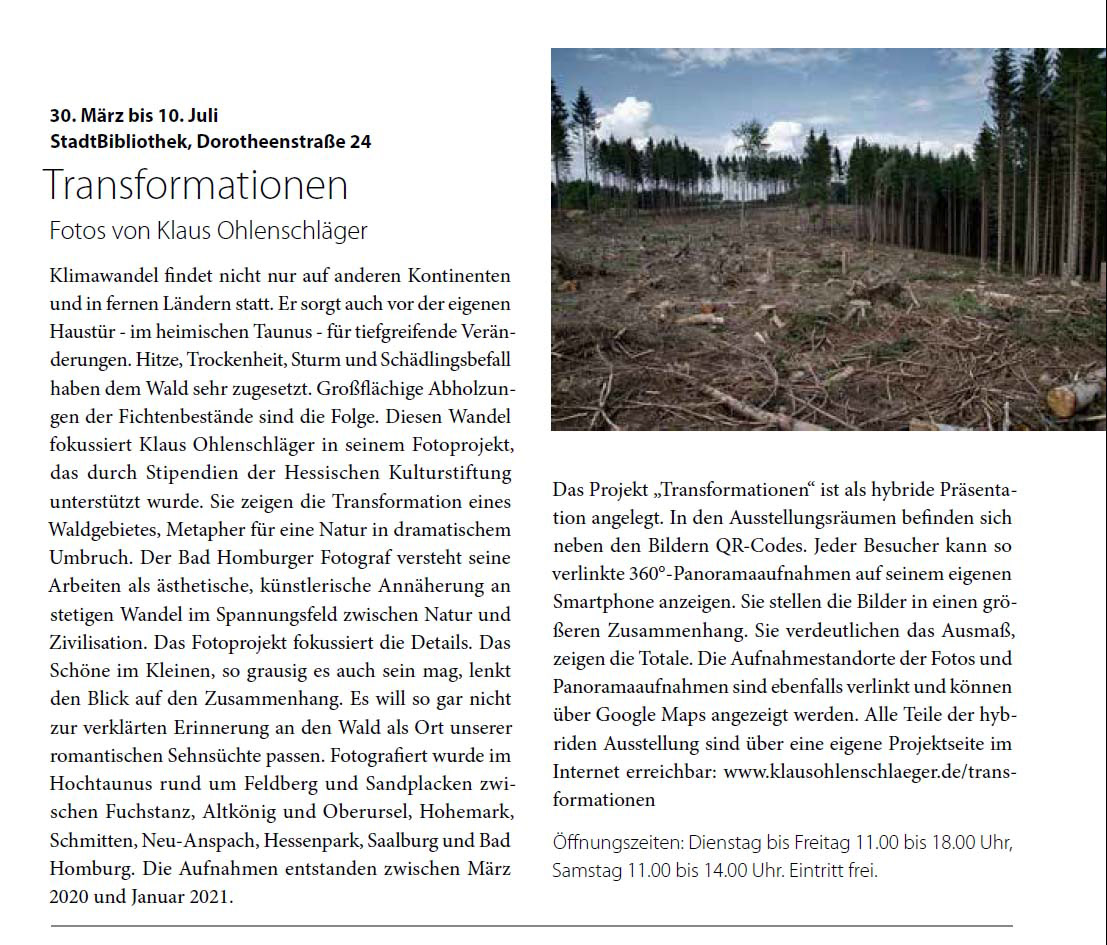 Artikel über die Fotoausstellung Transformationen in Louise, das Bad Homburg Magazin Ausgabe 4/2021