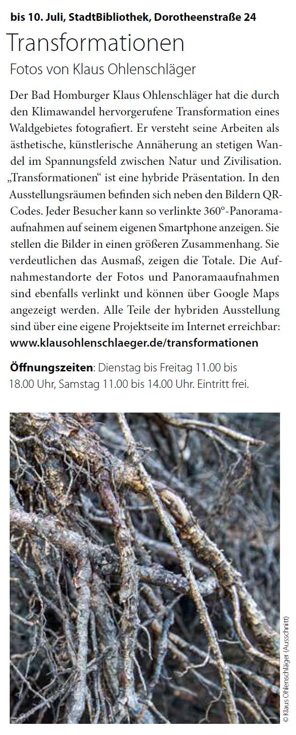 Bericht über die Fotoausstellung "Transformationen" im Bad Homburg Magazin Louise, Ausgabe 7/2021