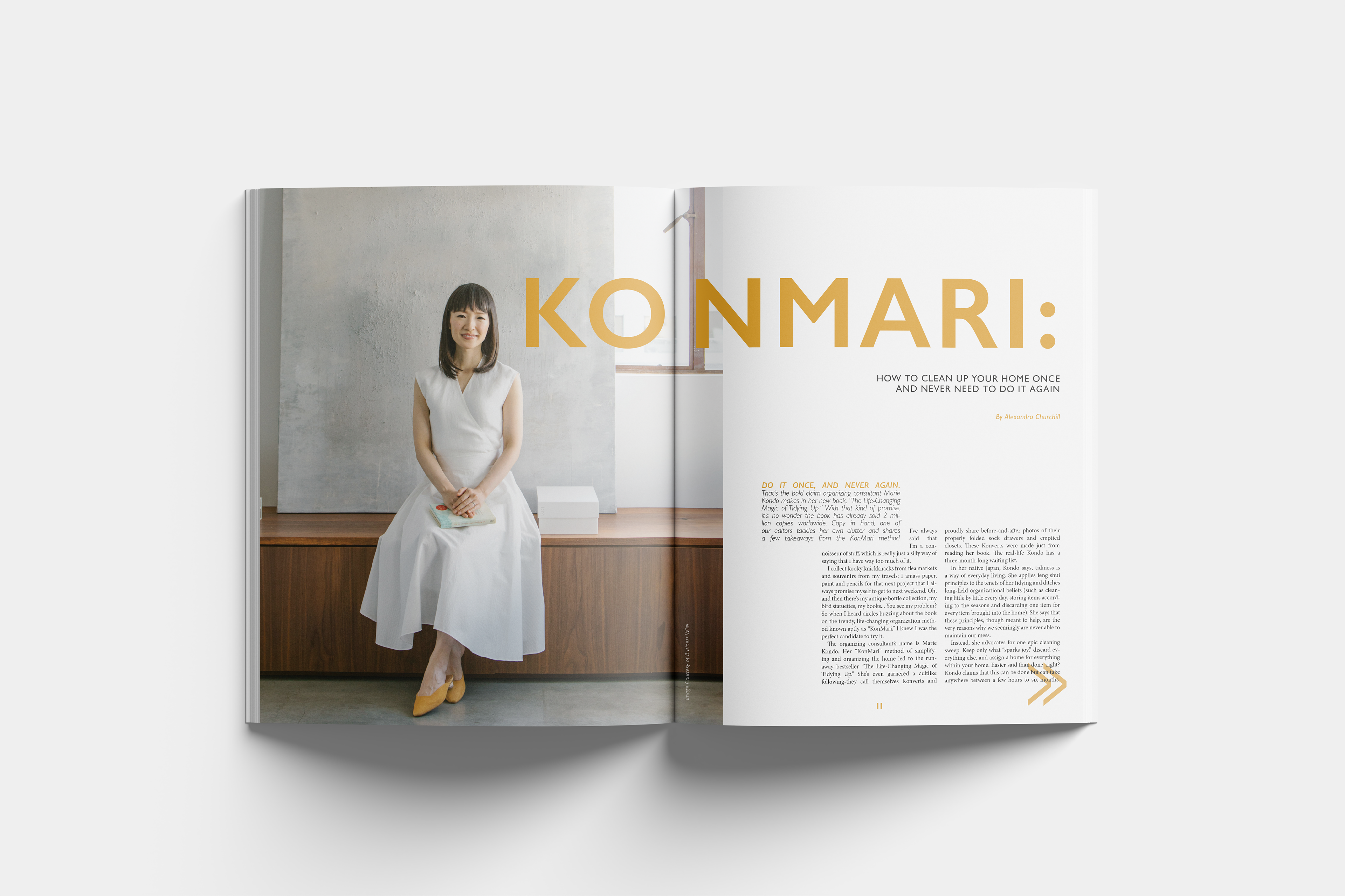 Full 2 page magazine spread titled, "Konmari," detailing MArie Kondo's organization method.