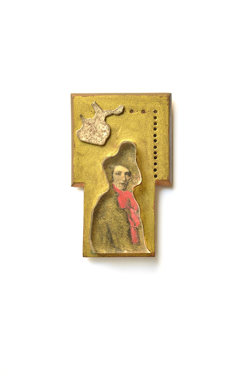 Brooch, 1989; silver, copper, resin, paint, newspaper, stainless steel