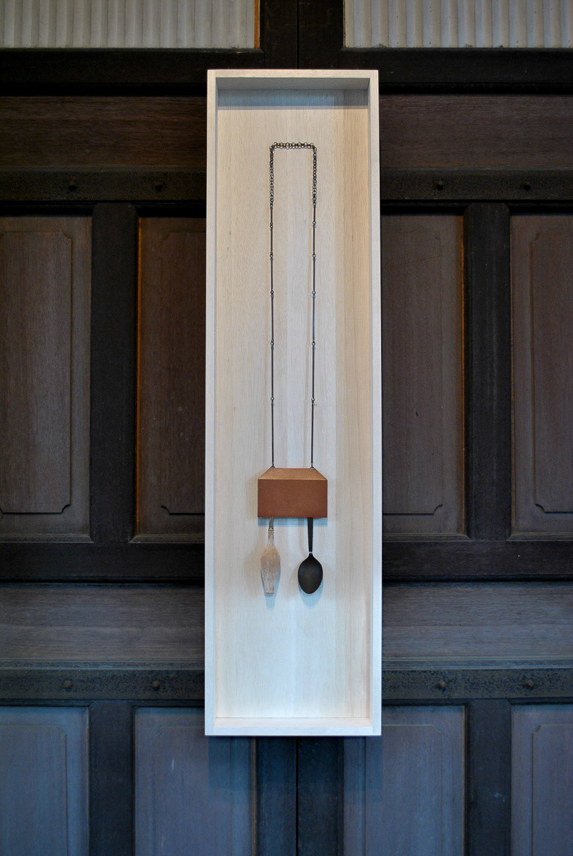 Necklace; paper, copper, brass, spoon (stainless steel), laquer 