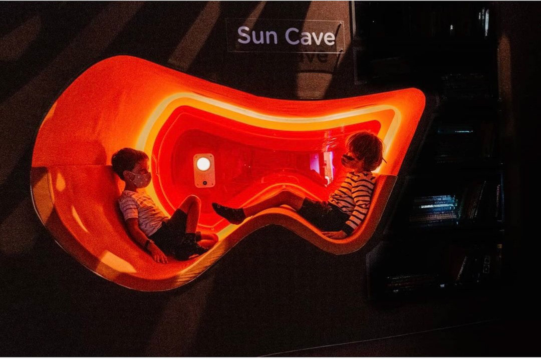 Sun cave pod for immersive learning about sun energy systems