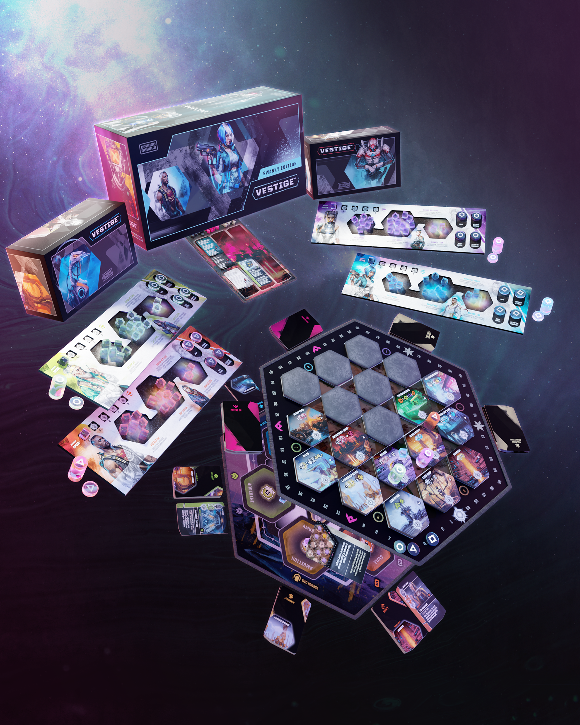 An exploded shot of the base game components.