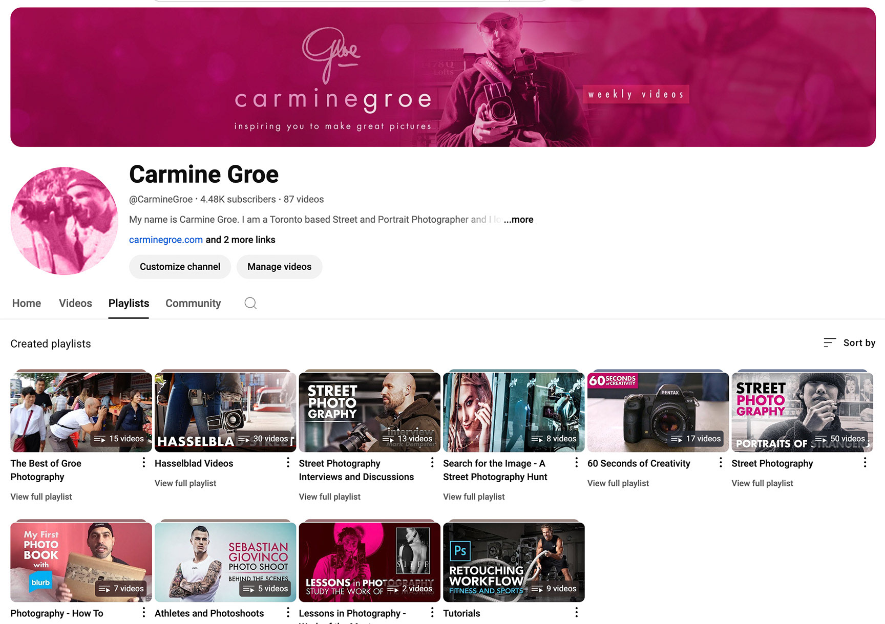 Carmine Groe's YouTube channel homepage featuring photography videos, creative insights, and behind-the-scenes content.
