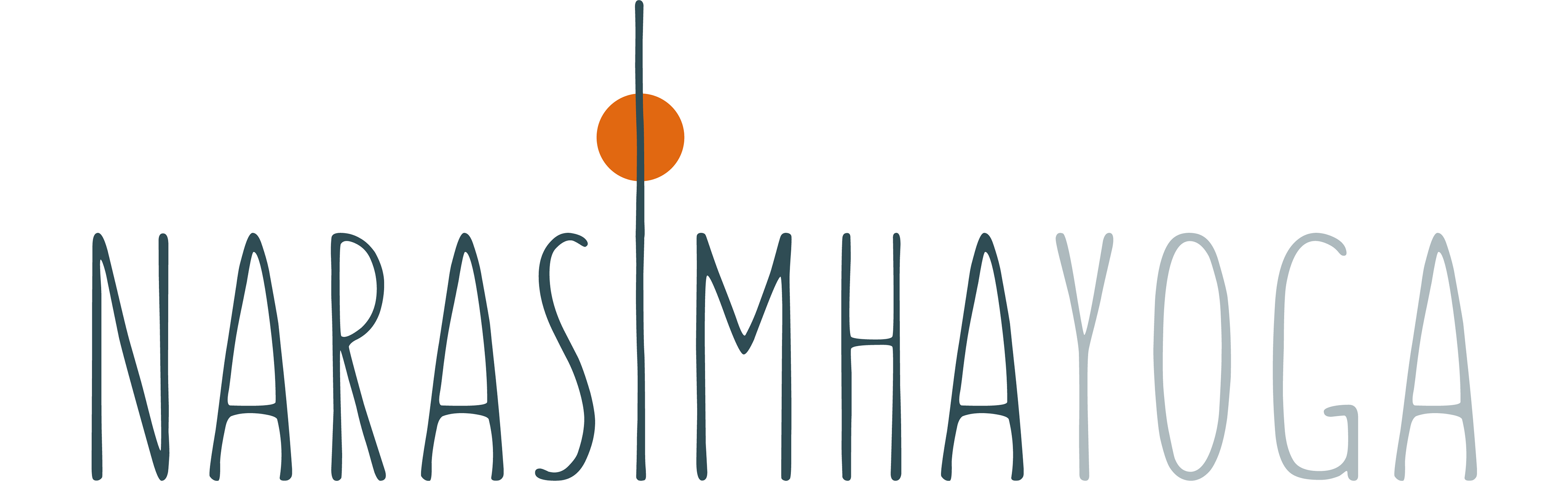 Het logo van Narasimha Yoga bestaat uit het woord (Narasimha Yoga), geschreven in dunne hoofdletters. 'Narasimha' is geschreven in een donkergroene kleur, en 'Yoga' in lichtgroen. De 'i' van 'Narasimha' is een verlengd stokje met een oranje bol als hoofd, die de yoga-houding Urdhva Hastasana symboliseert, waarbij men de armen recht boven het hoofd heft.