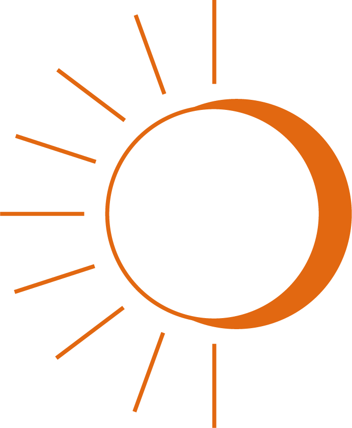 Een oranje illustratie van de zon en de maan symboliseert de yogalessen Trage Hatha Yoga, een van de drie diensten die Narasimha Yoga aanbiedt.