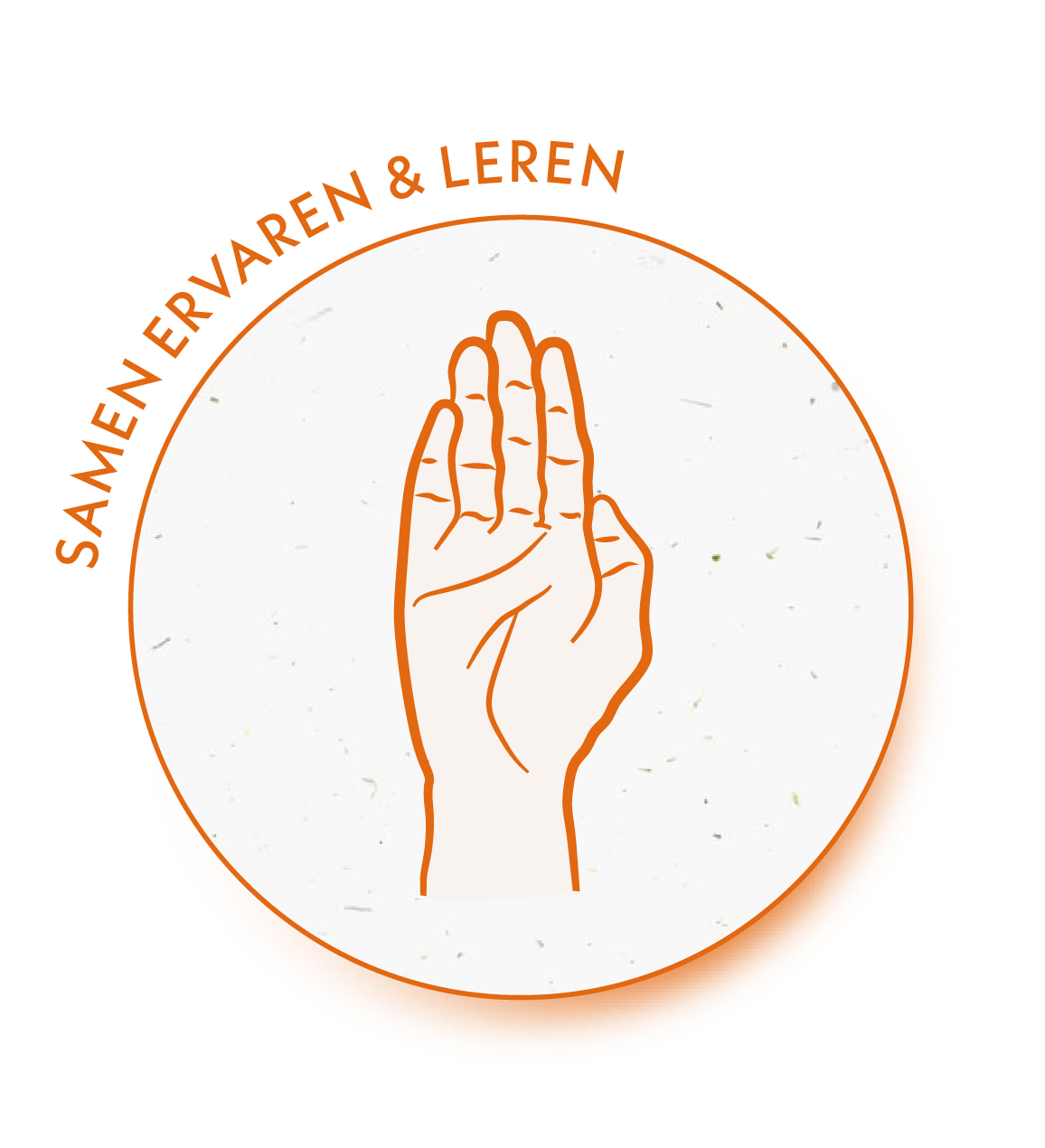Een icoon met een hand (Abhaya Mudra) symboliseert één van de vijf kernwaarden van Narasimha Yoga, namelijk ‘samen ervaren en leren’.