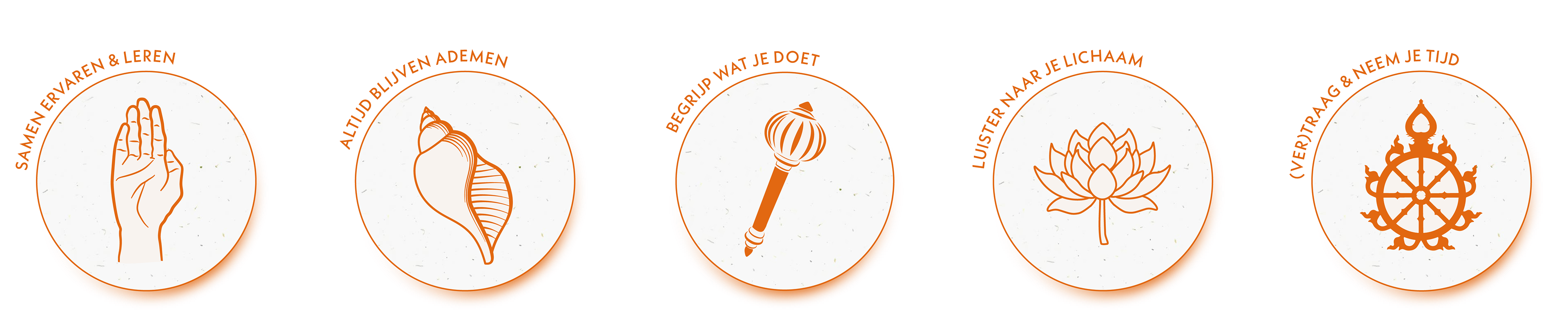 Vijf iconen symboliseren de kernwaarden van Narasimha Yoga: een hand (Abhaya Mudra) voor “samen ervaren en leren”, een schelp (conchshell) voor “altijd blijven ademen”, een scepter (Gada) voor “begrijp wat je doet”, een lotusbloem voor “luister naar je lichaam” en een wiel (Sudarshana) voor “vertraag en neem je tijd”.