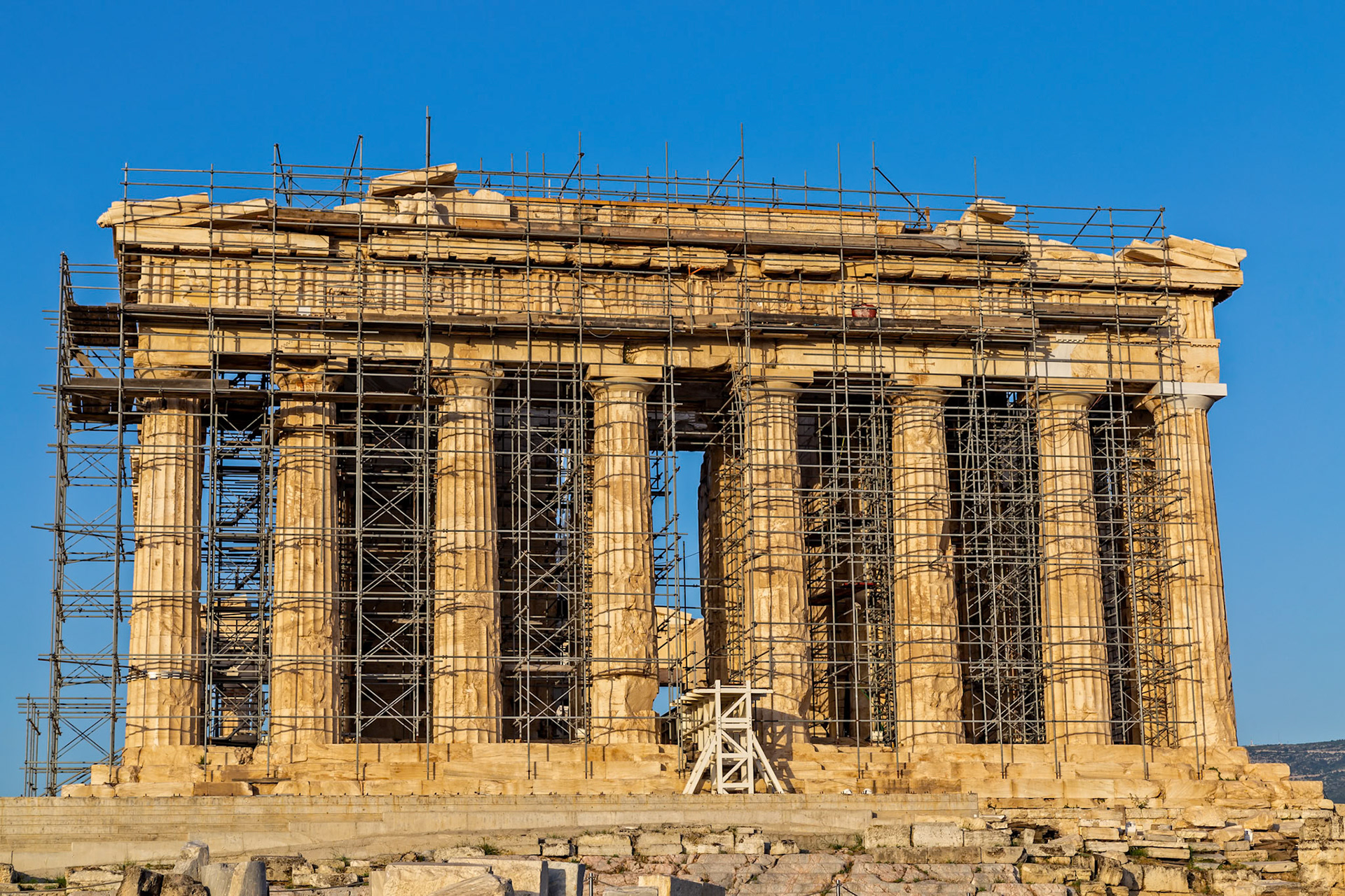 Acropolis, Athens, Greece - May 23rd 2018: The Parthenon is undergoing restoration work to preserve its structure and historical significance.
