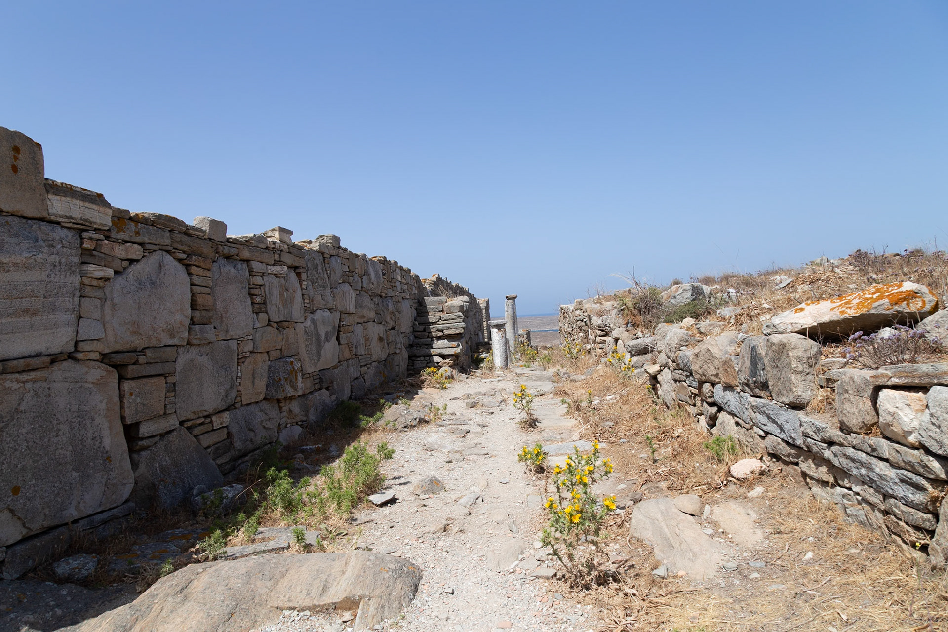 Delos, Greece - May 22nd 2018: A stone path leads through the ancient ruins, showcasing the historical significance and architectural remnants of Delos.
