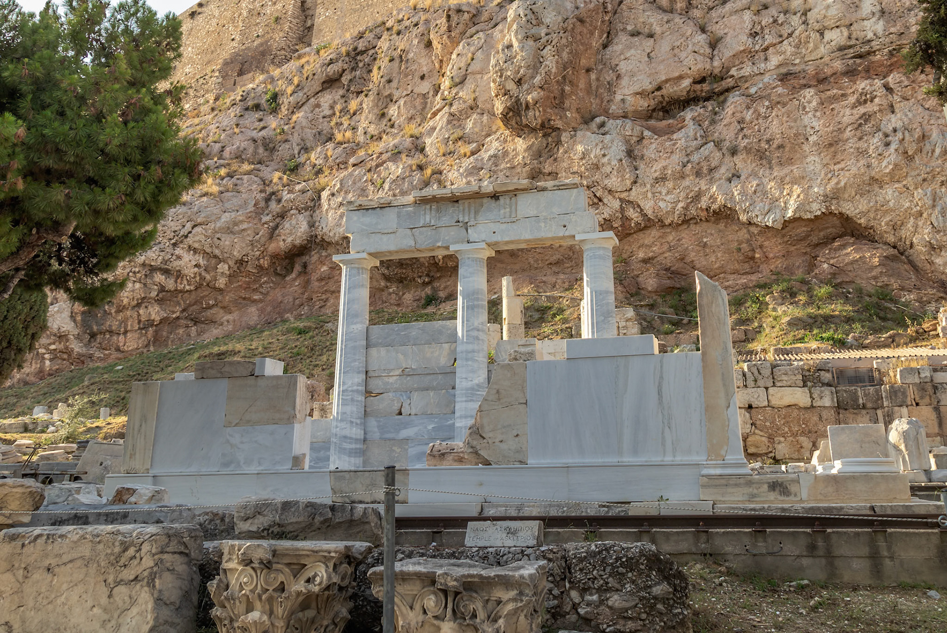 Acropolis, Athens, Greece - May 23rd 2018: The Temple of Asklepios, a sanctuary dedicated to the god of medicine, stands in ruins on the Acropolis.
