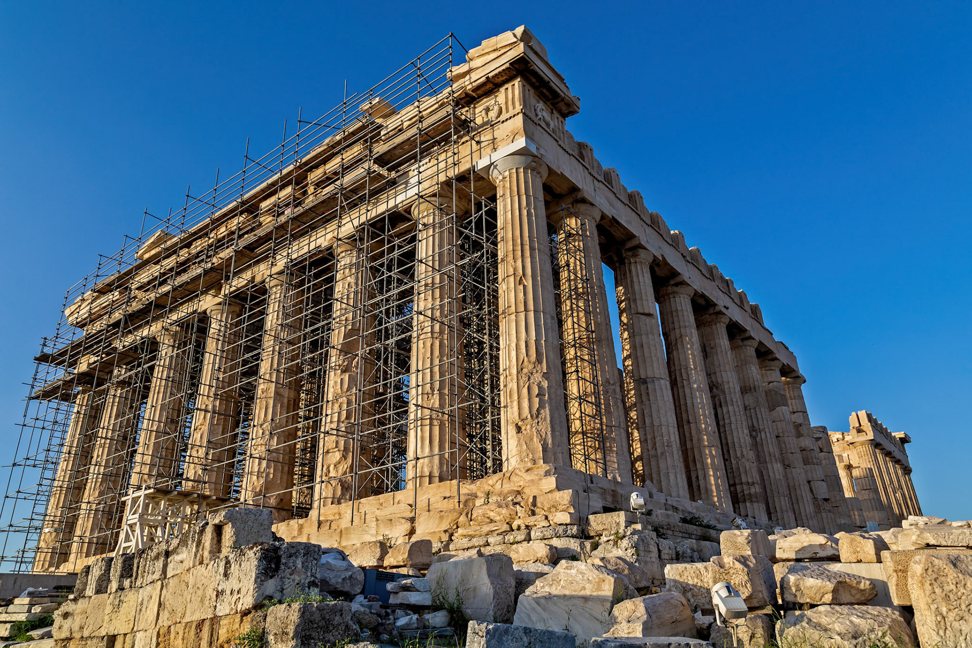 Acropolis, Athens, Greece - May 23rd 2018: The Parthenon is undergoing restoration to preserve its structure and historical significance.